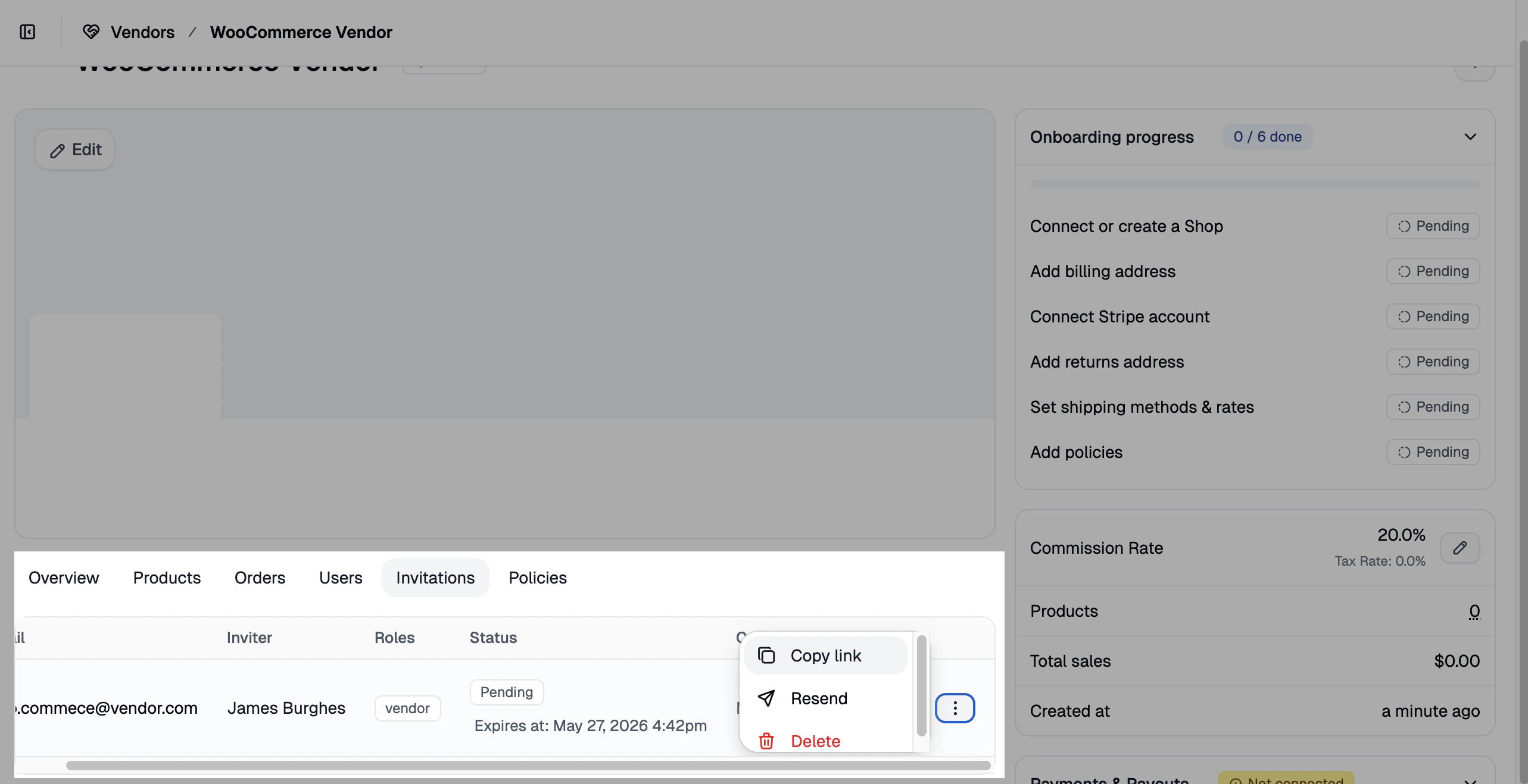 The Invitations subtab with the three-dot menu opened to show the Copy invitation link option