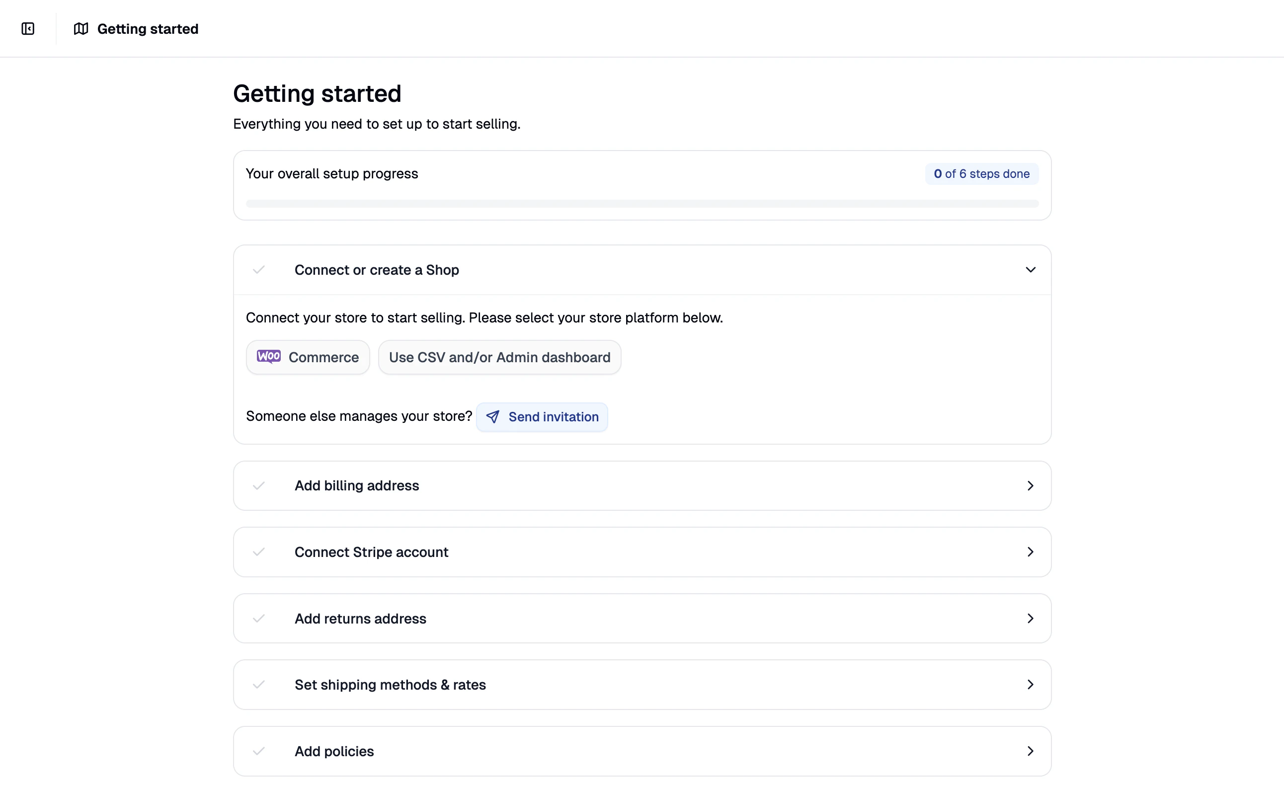 The Getting Started onboarding checklist in the Spree vendor dashboard