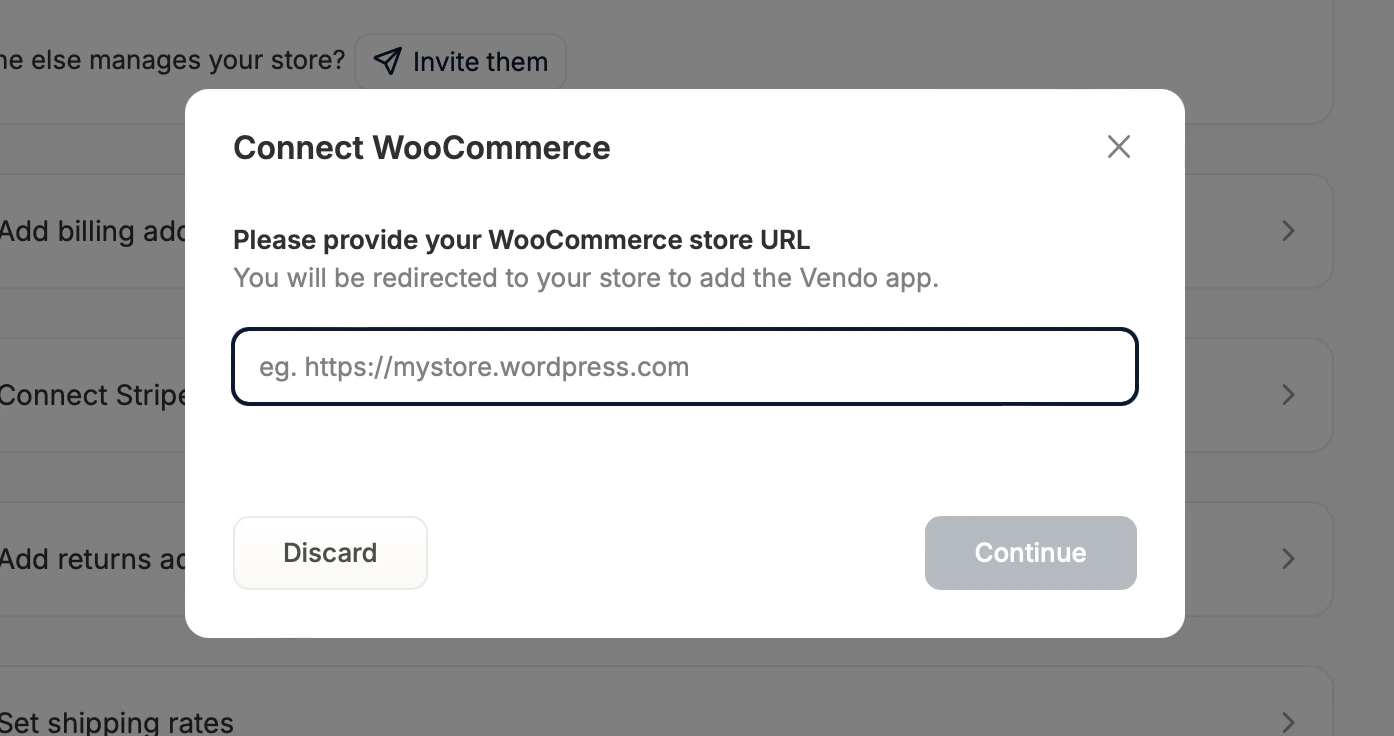 The popup asking for the WooCommerce store URL