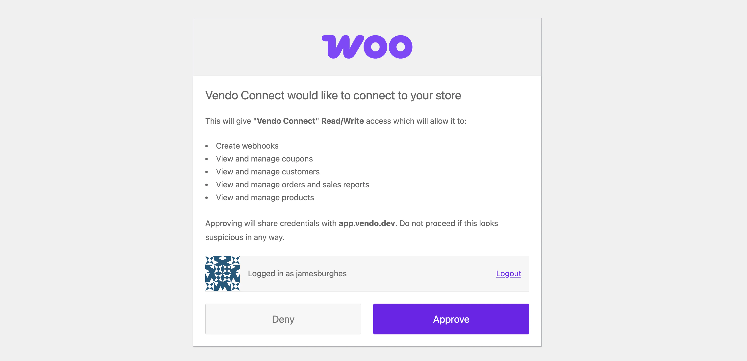 The WooCommerce approval screen asking the vendor to approve marketplace access