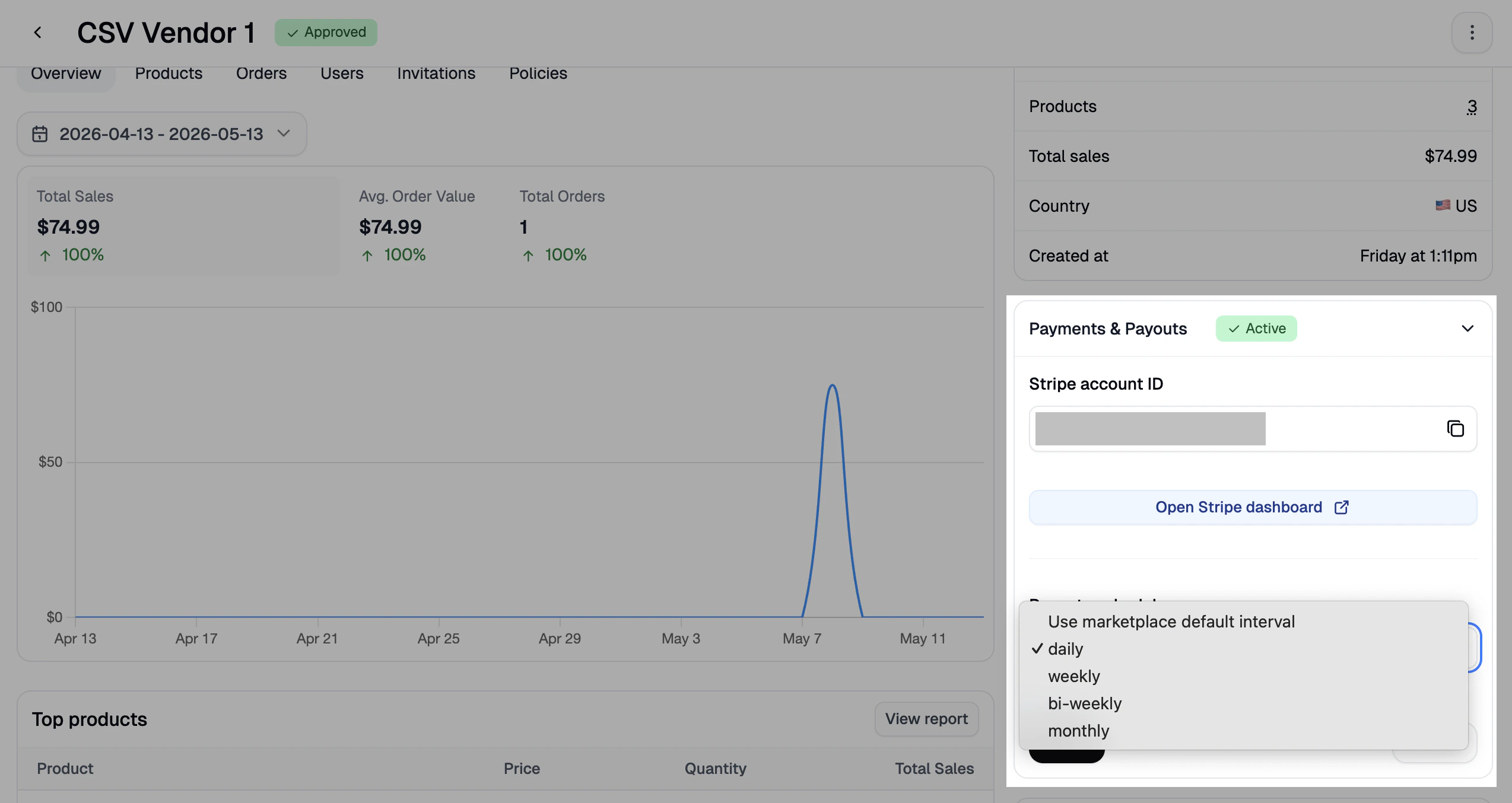 The Payments & Payouts section of the vendor profile with the payout schedule dropdown
