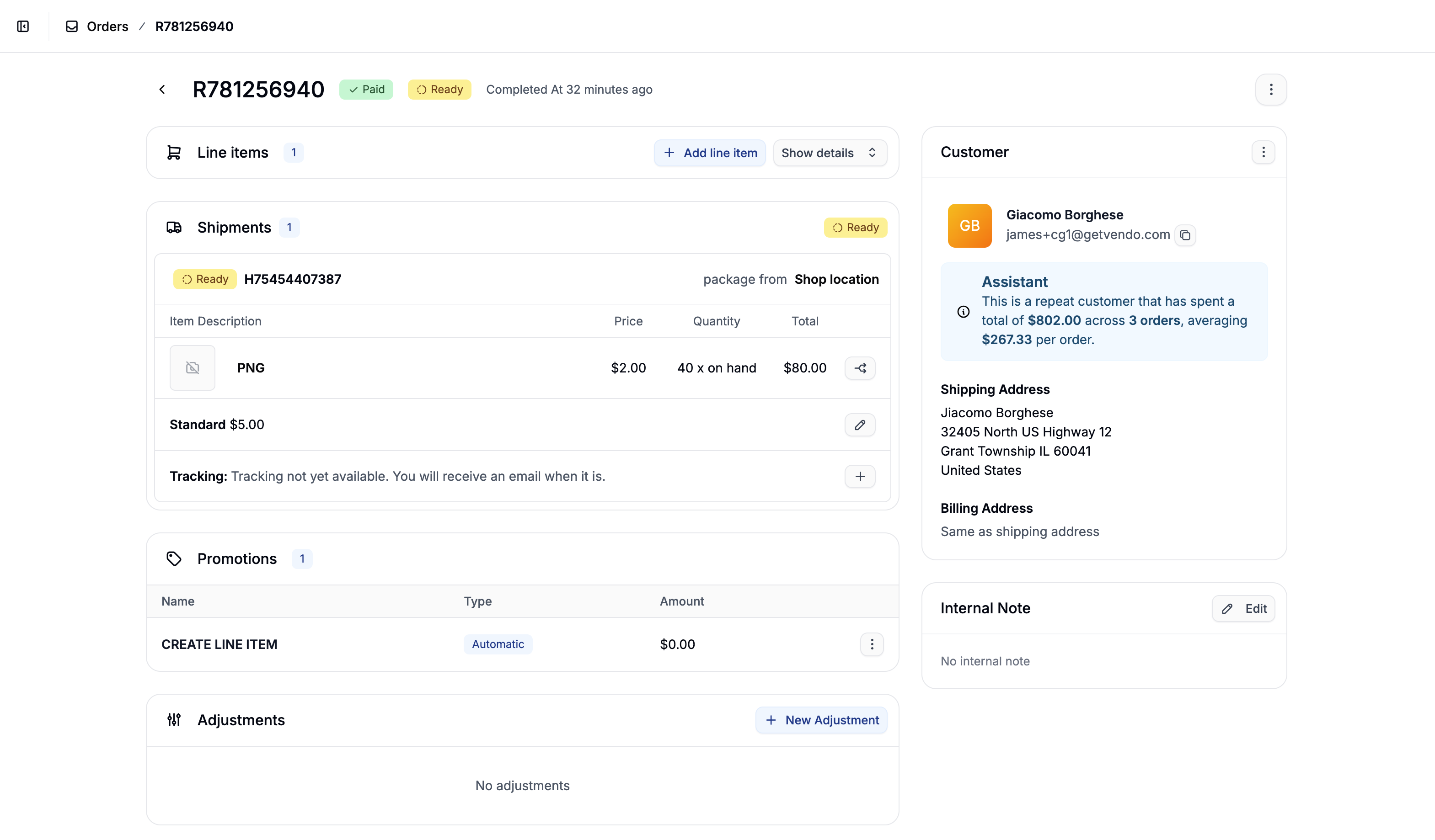 A customer order page in Spree commerce