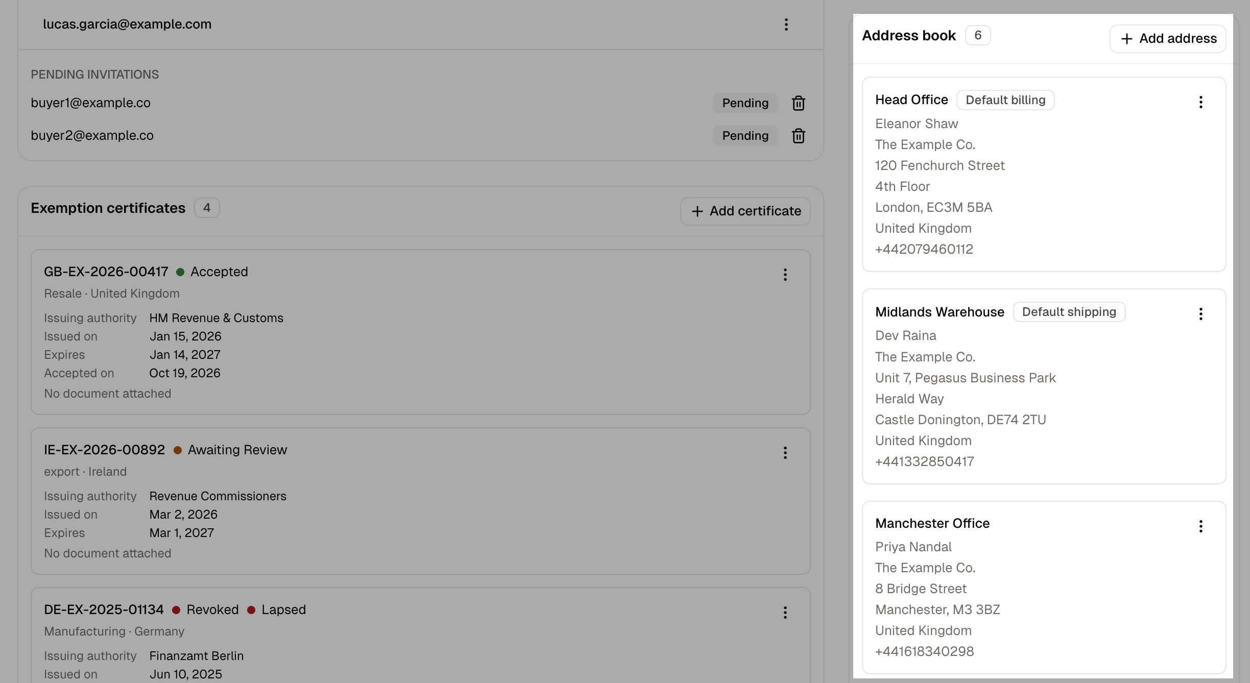 The Address book card, with a head office set as the default for billing and shipping