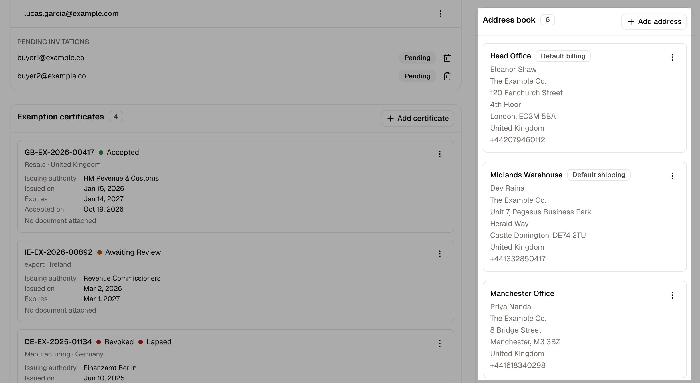 The Address book card, with a head office set as the default for billing and shipping