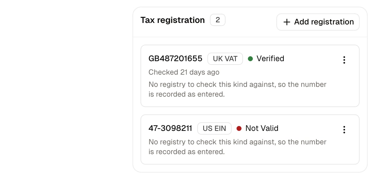 The Tax registration card, with an EU VAT number