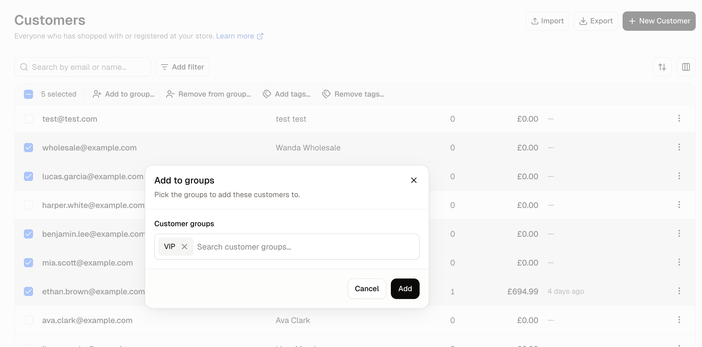 Adding ticked customers to a group from the Customers list