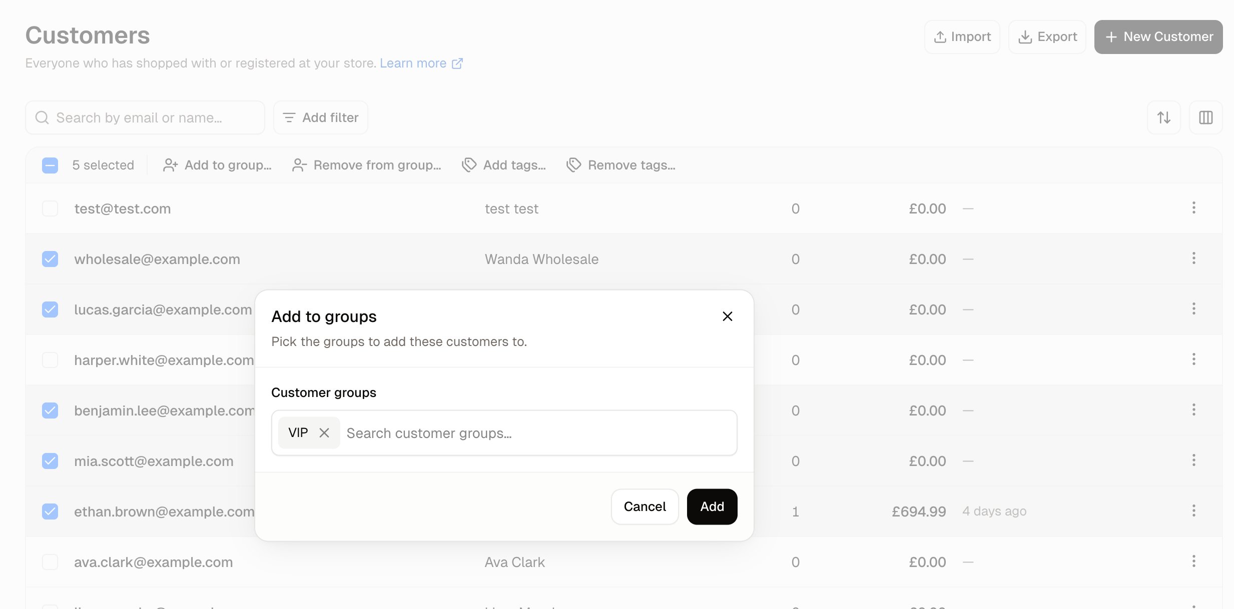 Adding ticked customers to a group from the Customers list