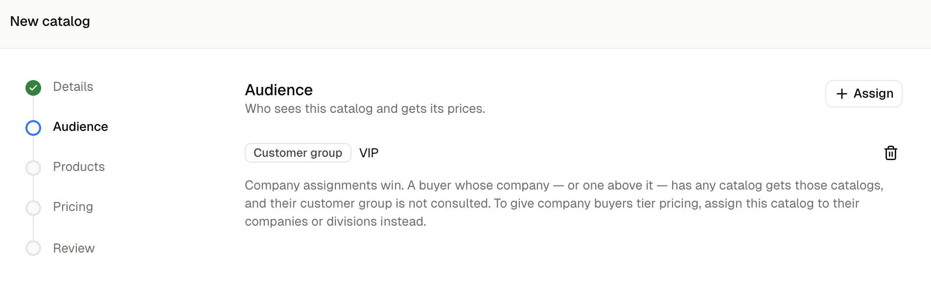 The Audience step of the new catalog wizard, with a customer group picked