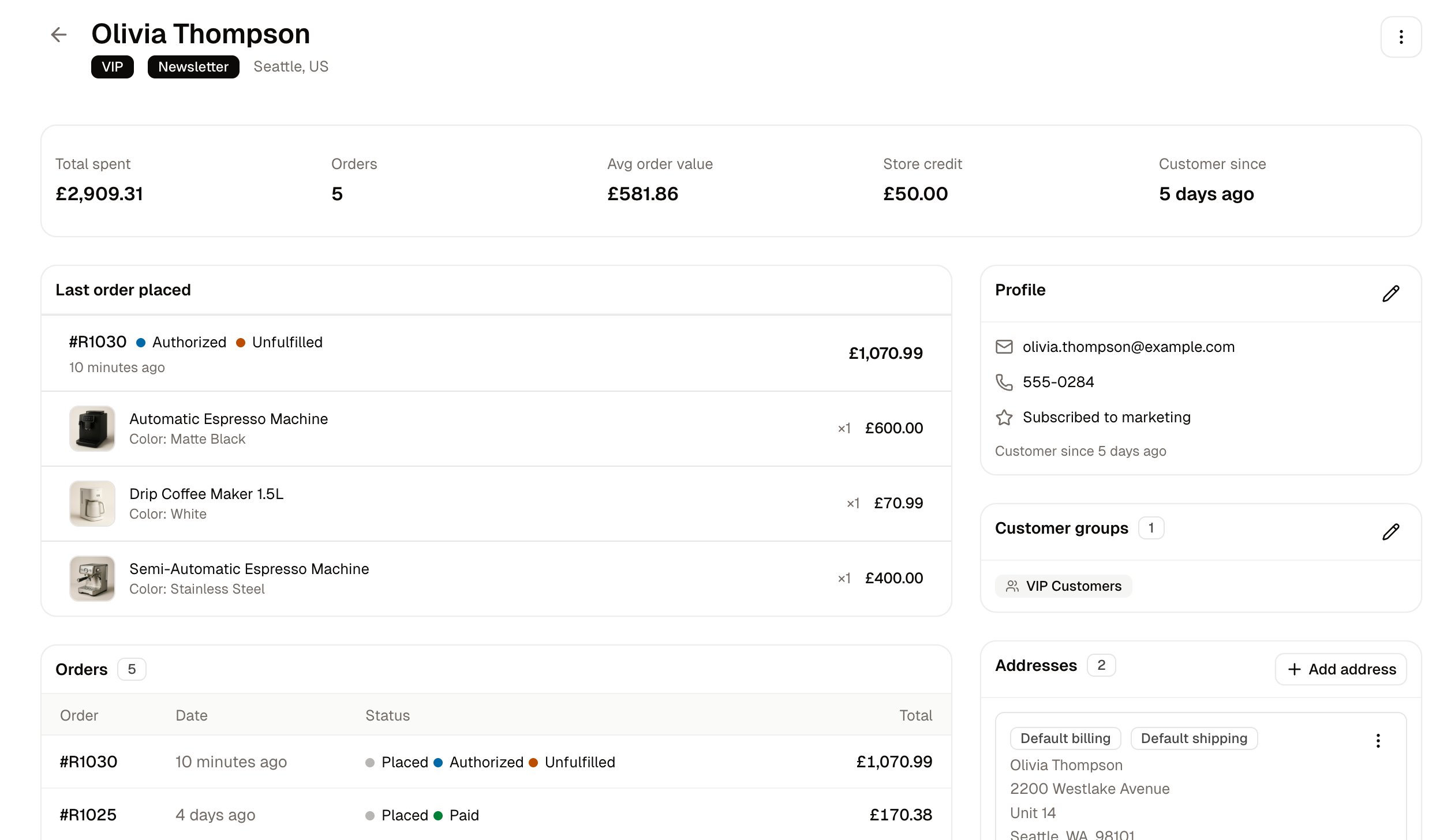 A customer's page, with their details, addresses, orders and store credit