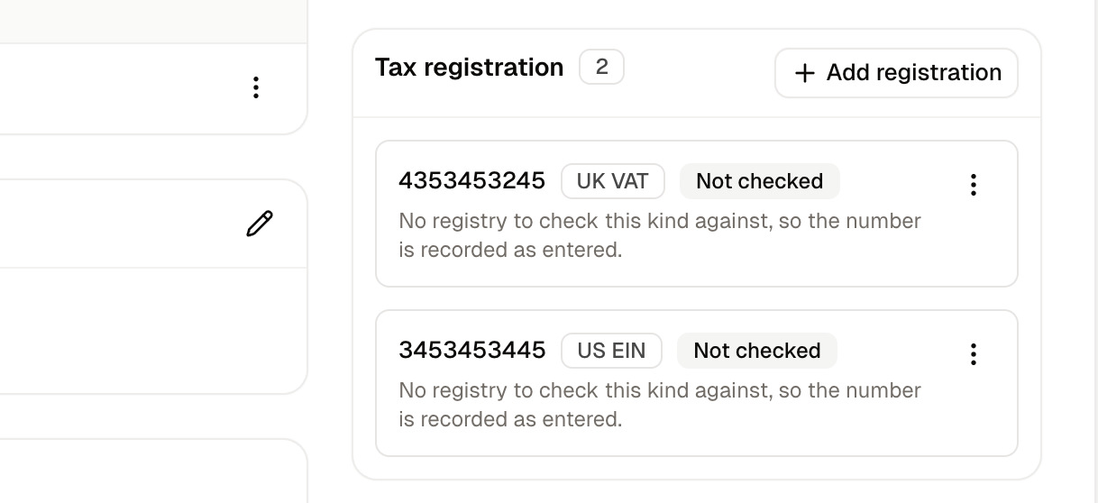 Two tax registrations on one customer, an EU VAT number and a UK one