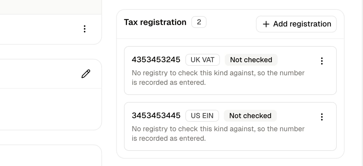 Two tax registrations on one customer, an EU VAT number and a UK one