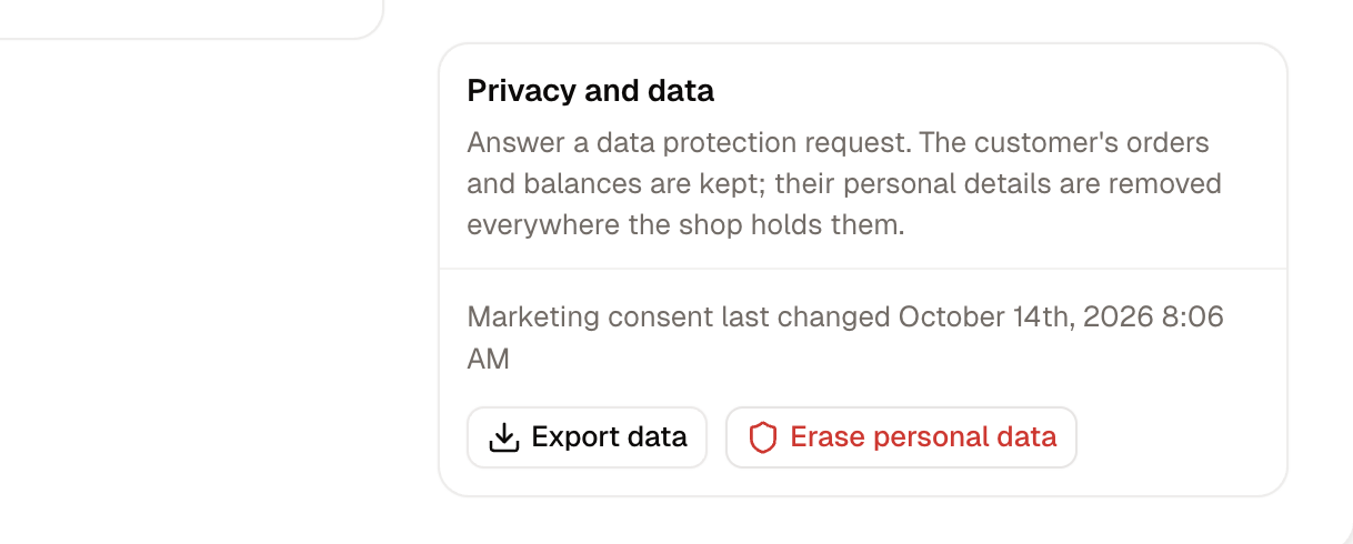 The Privacy and data card, with the Export data and Erase personal data buttons