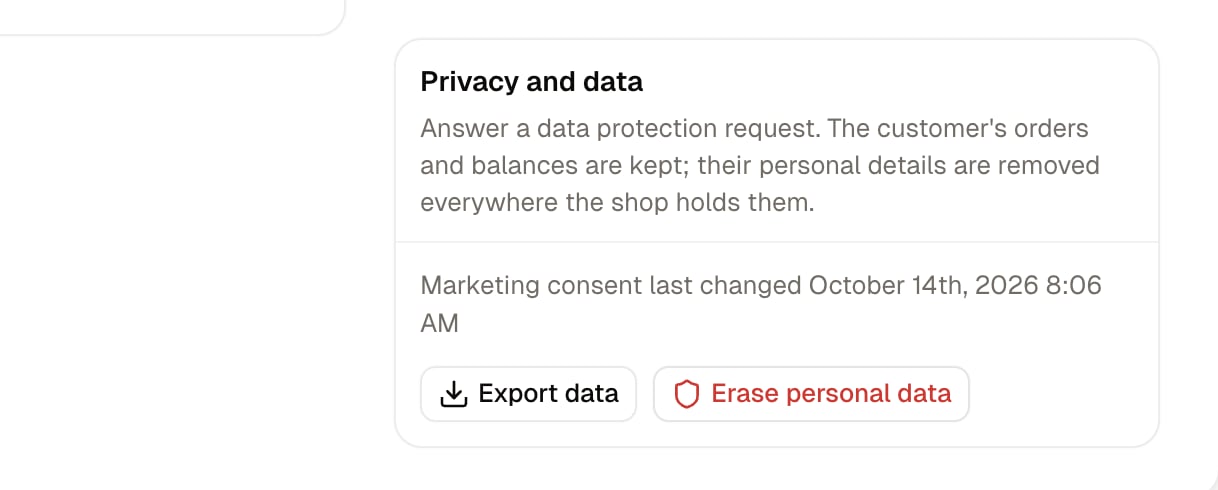 The Privacy and data card, with the Export data and Erase personal data buttons