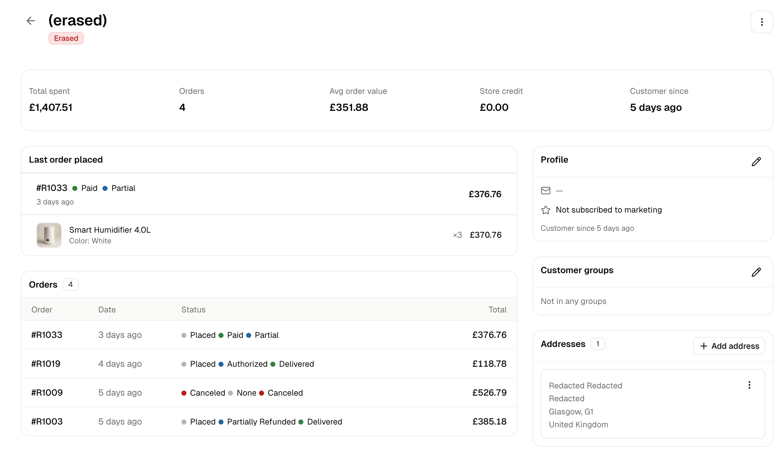 A customer's page after erasure
