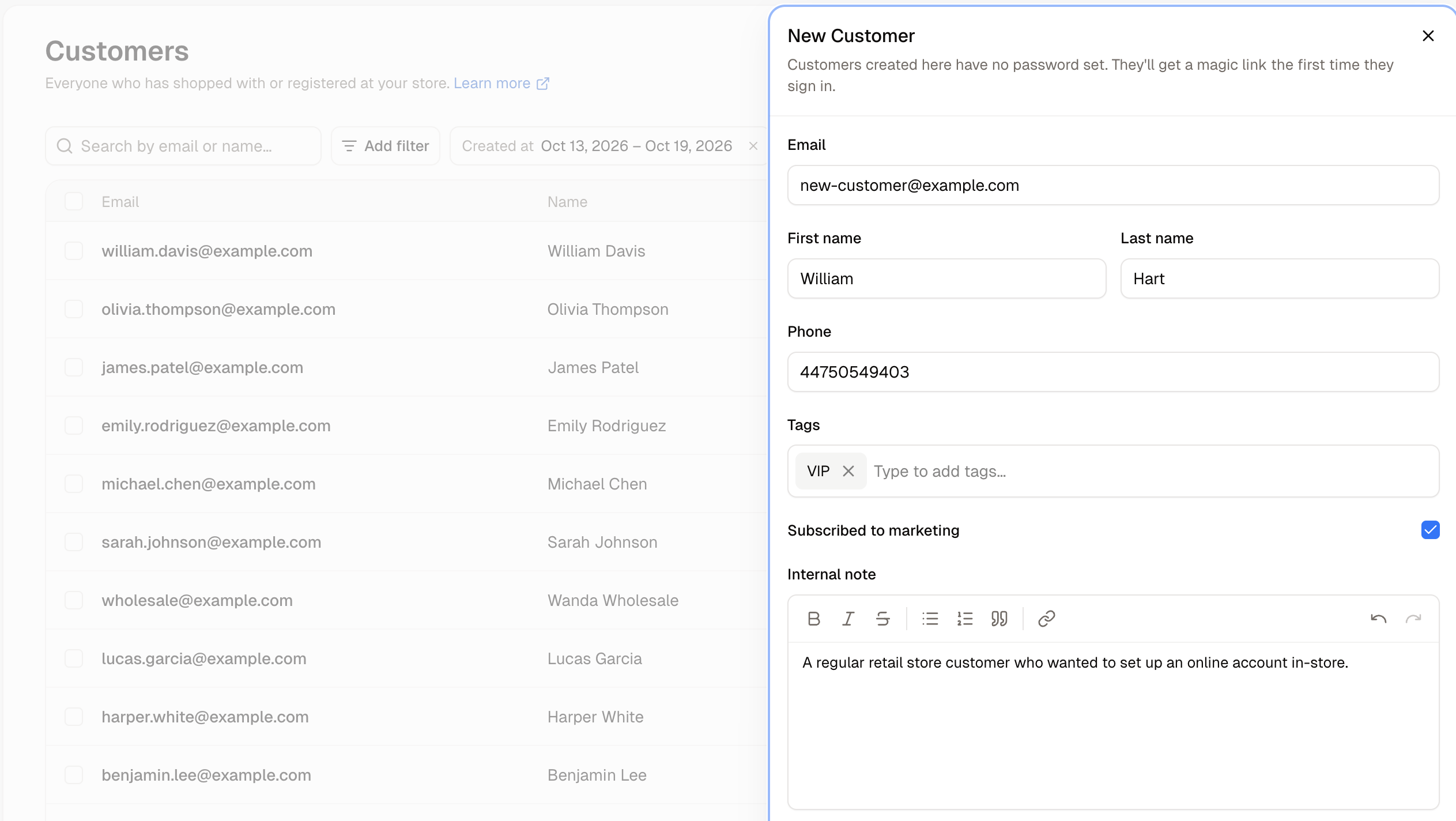 The New Customer dialog, with its email, name, phone, tags and note fields