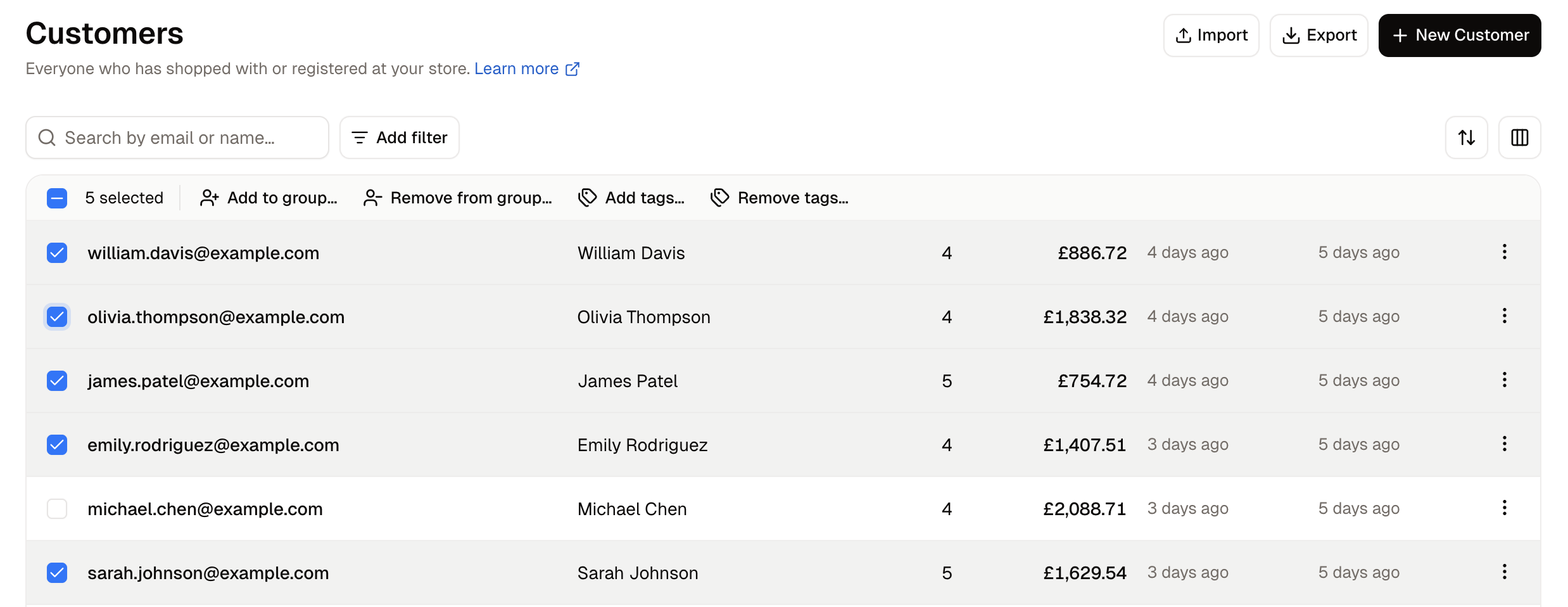Customers ticked, with the bulk actions shown above them