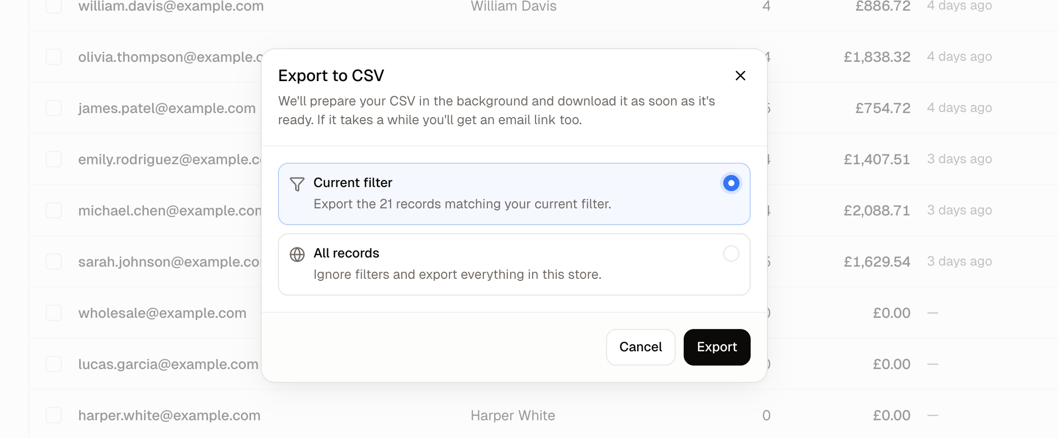 The Export to CSV dialog, offering the current filter or all records