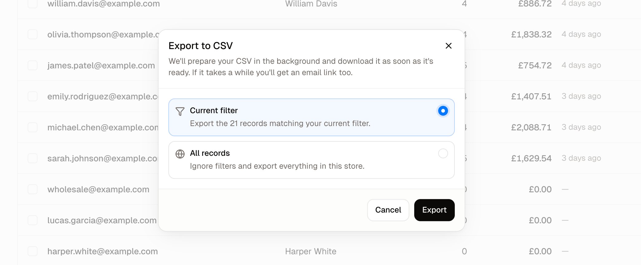 The Export to CSV dialog, offering the current filter or all records