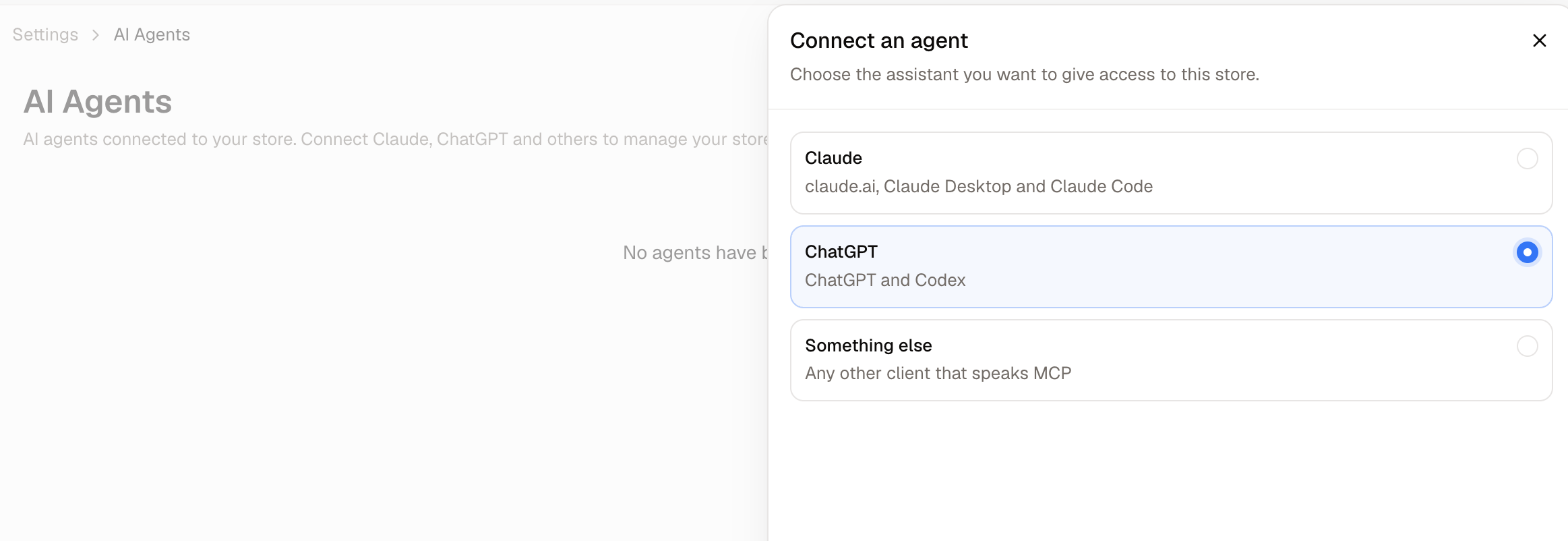 The Connect an agent panel, with ChatGPT chosen