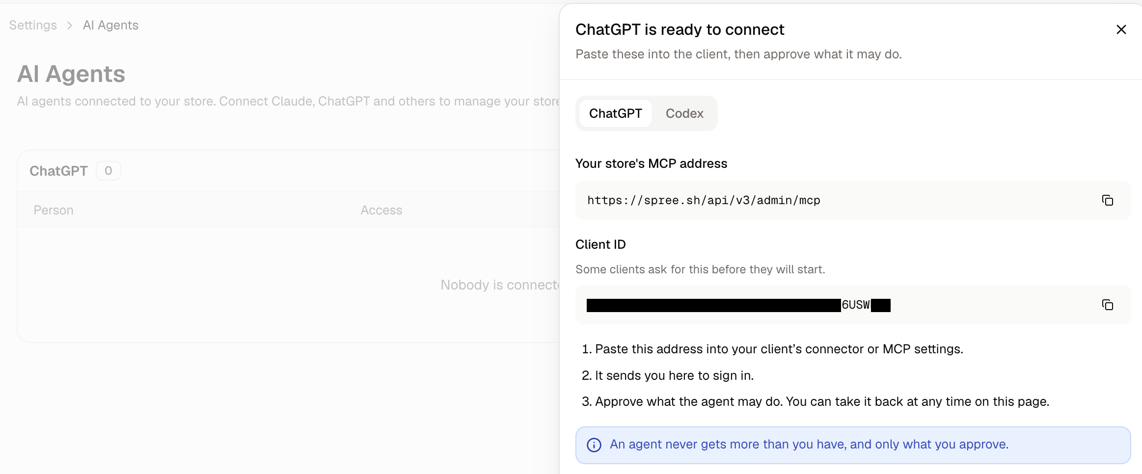 The address and client ID ChatGPT needs, each with a copy button