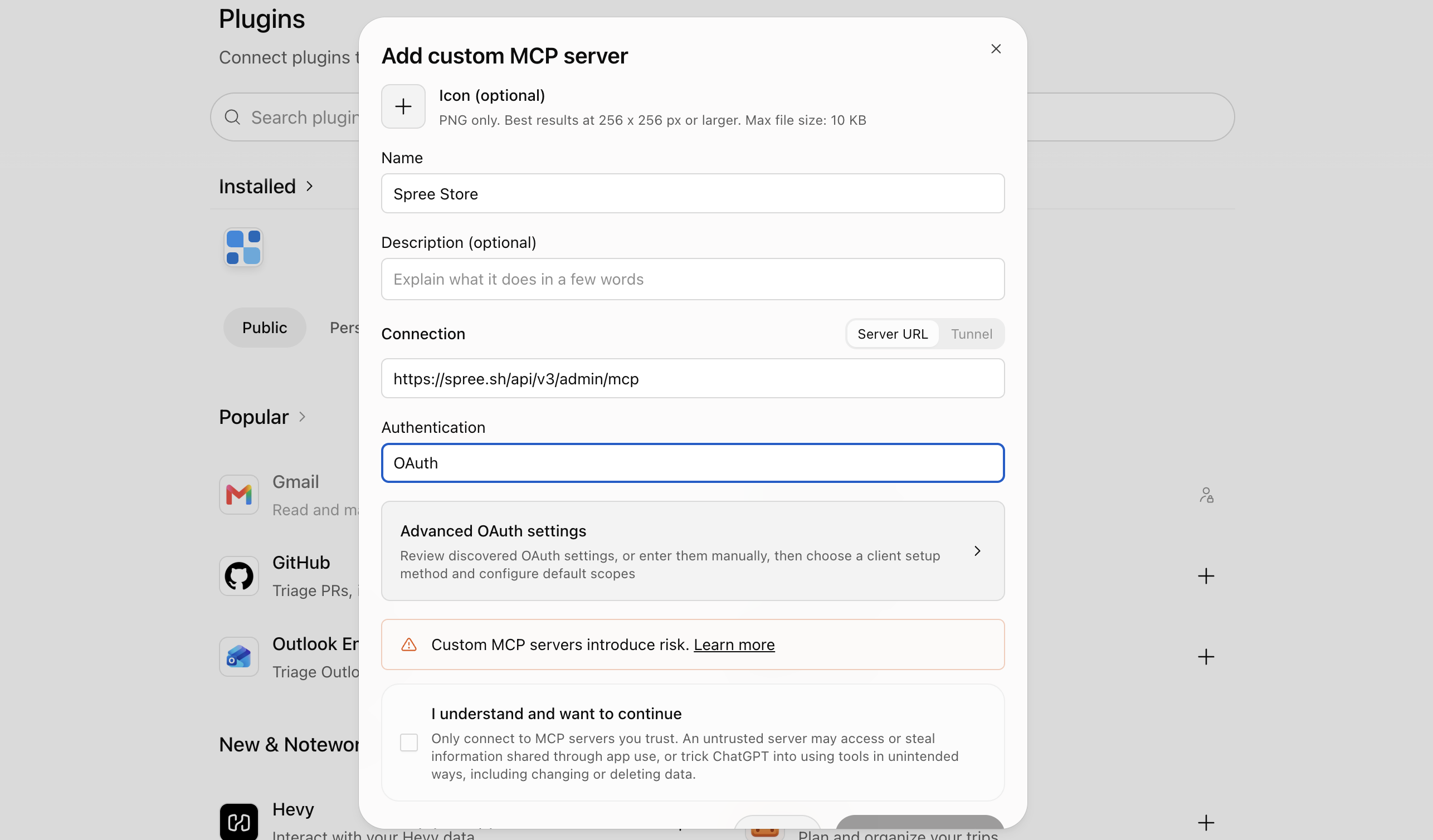 ChatGPT's form for a custom MCP server