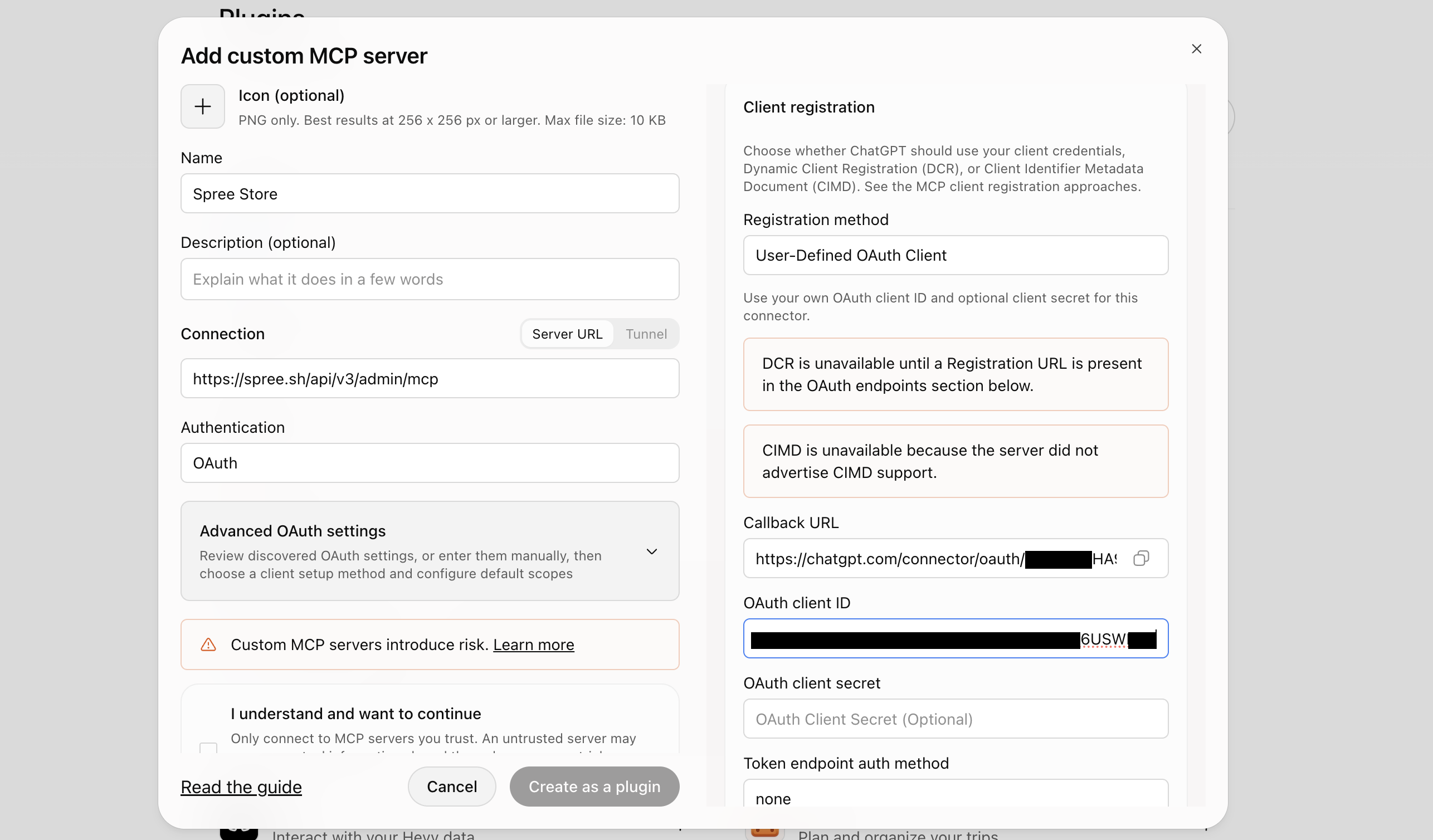 The advanced OAuth settings, showing the callback URL to copy