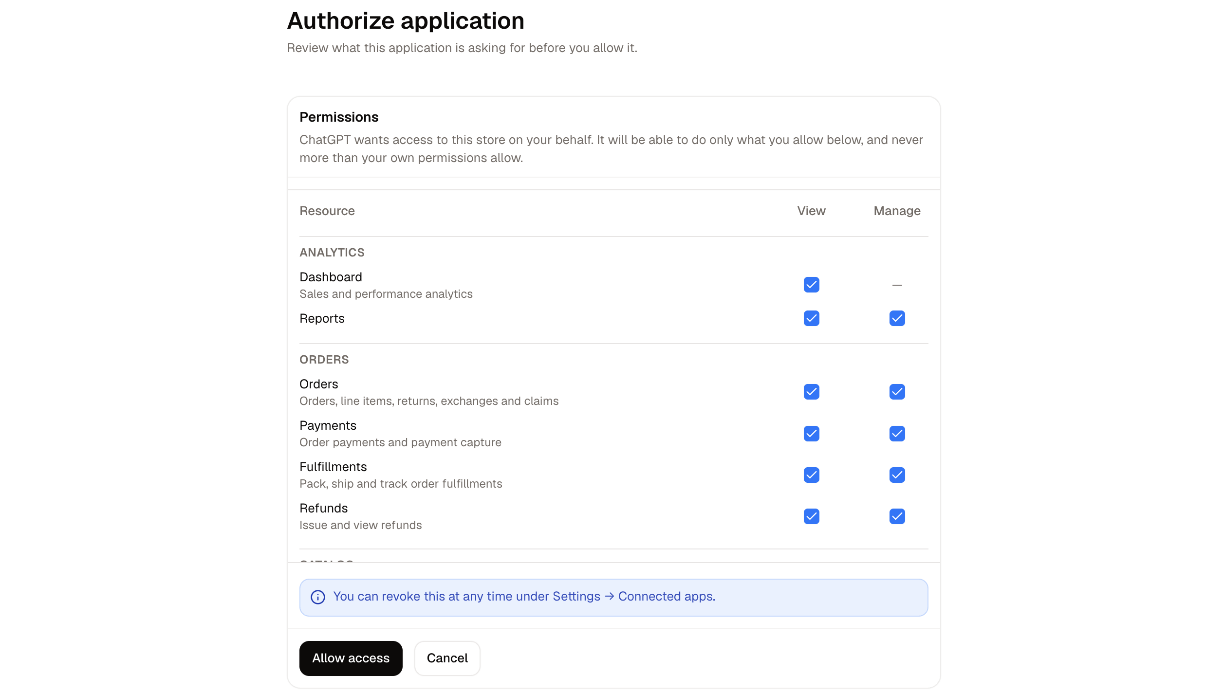 The approval screen in the Spree dashboard, listing what ChatGPT is asking for