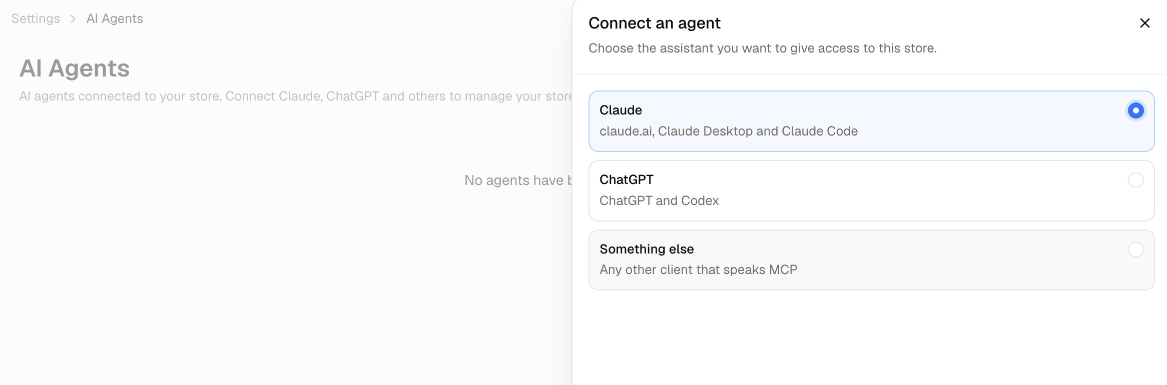 The Connect an agent panel, with Claude chosen