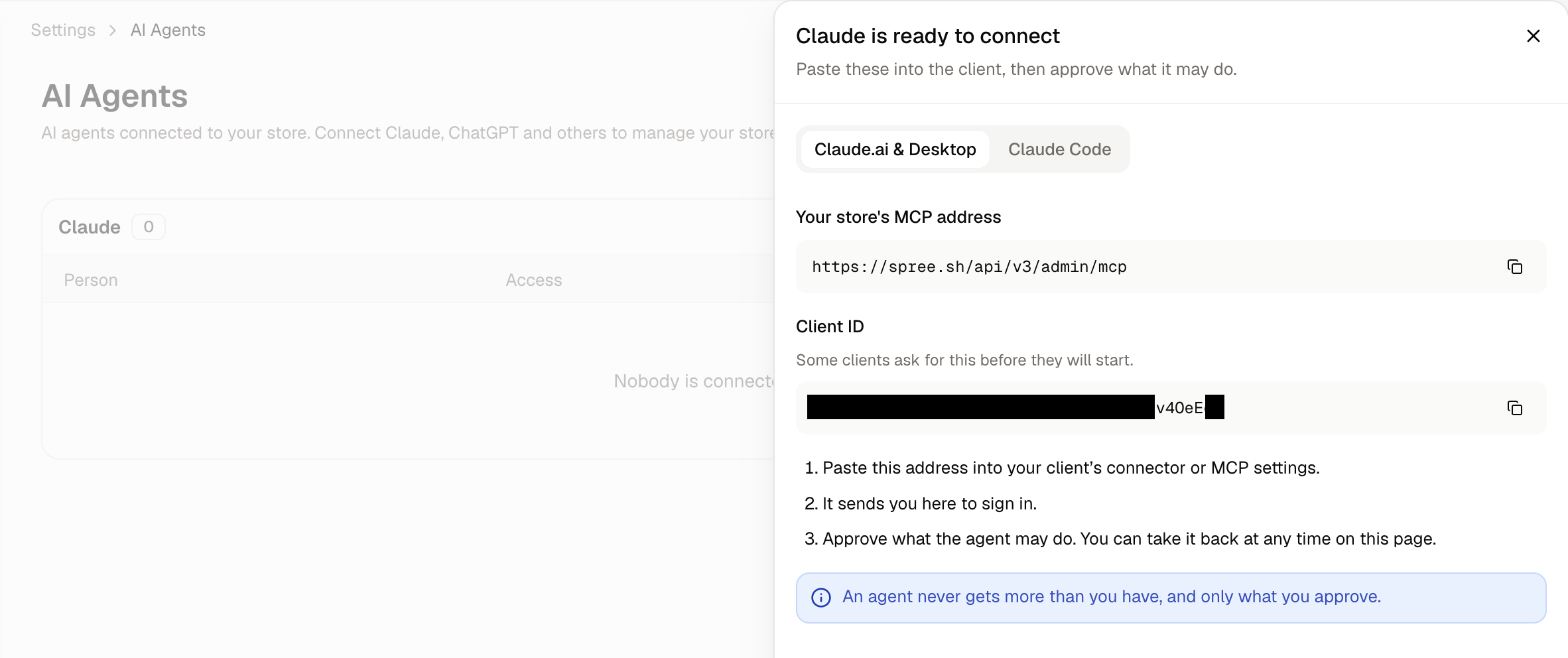 The address and client ID Claude needs, each with a copy button