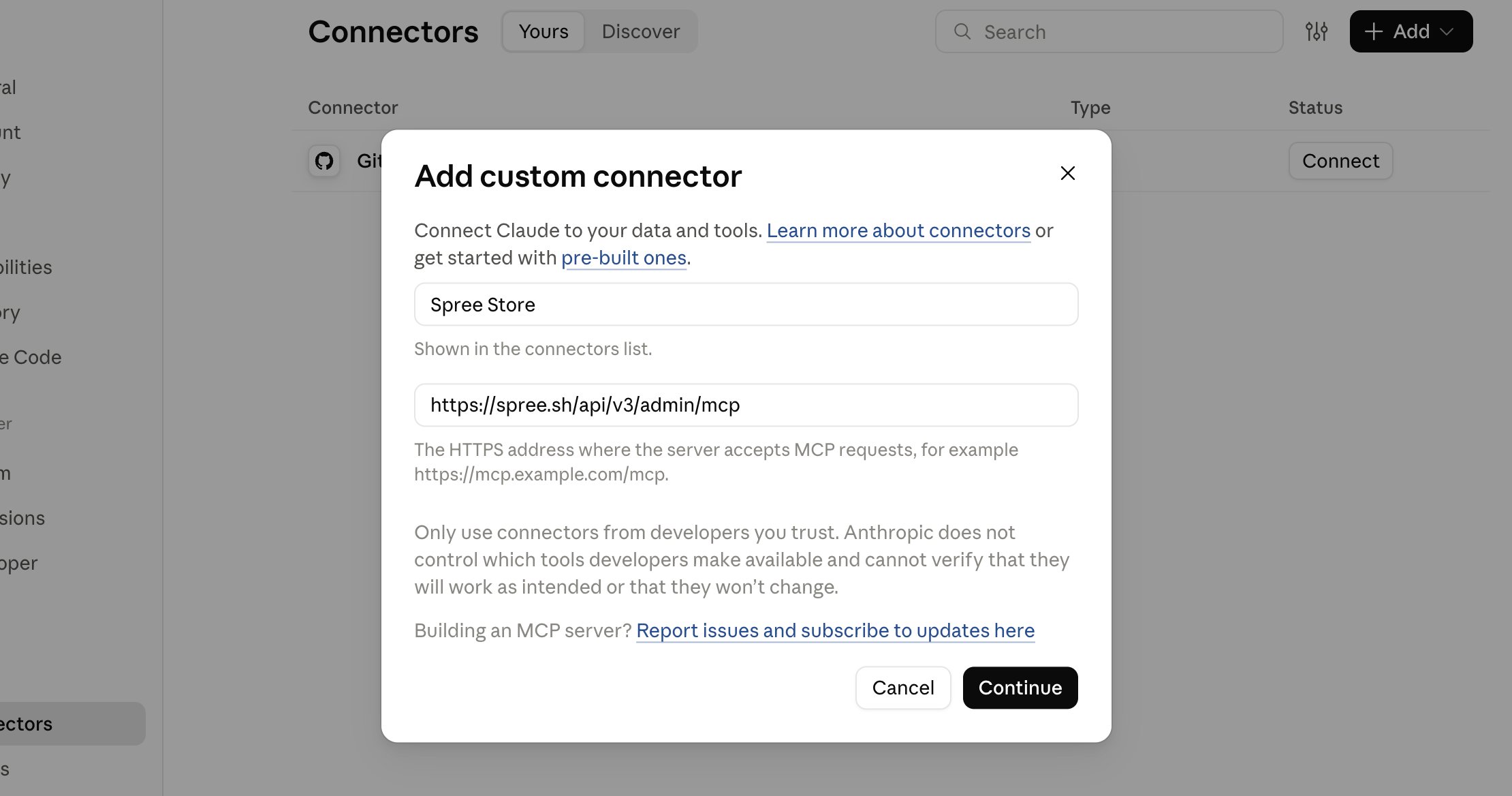 Claude's custom connector dialog, with the name and the store's MCP address