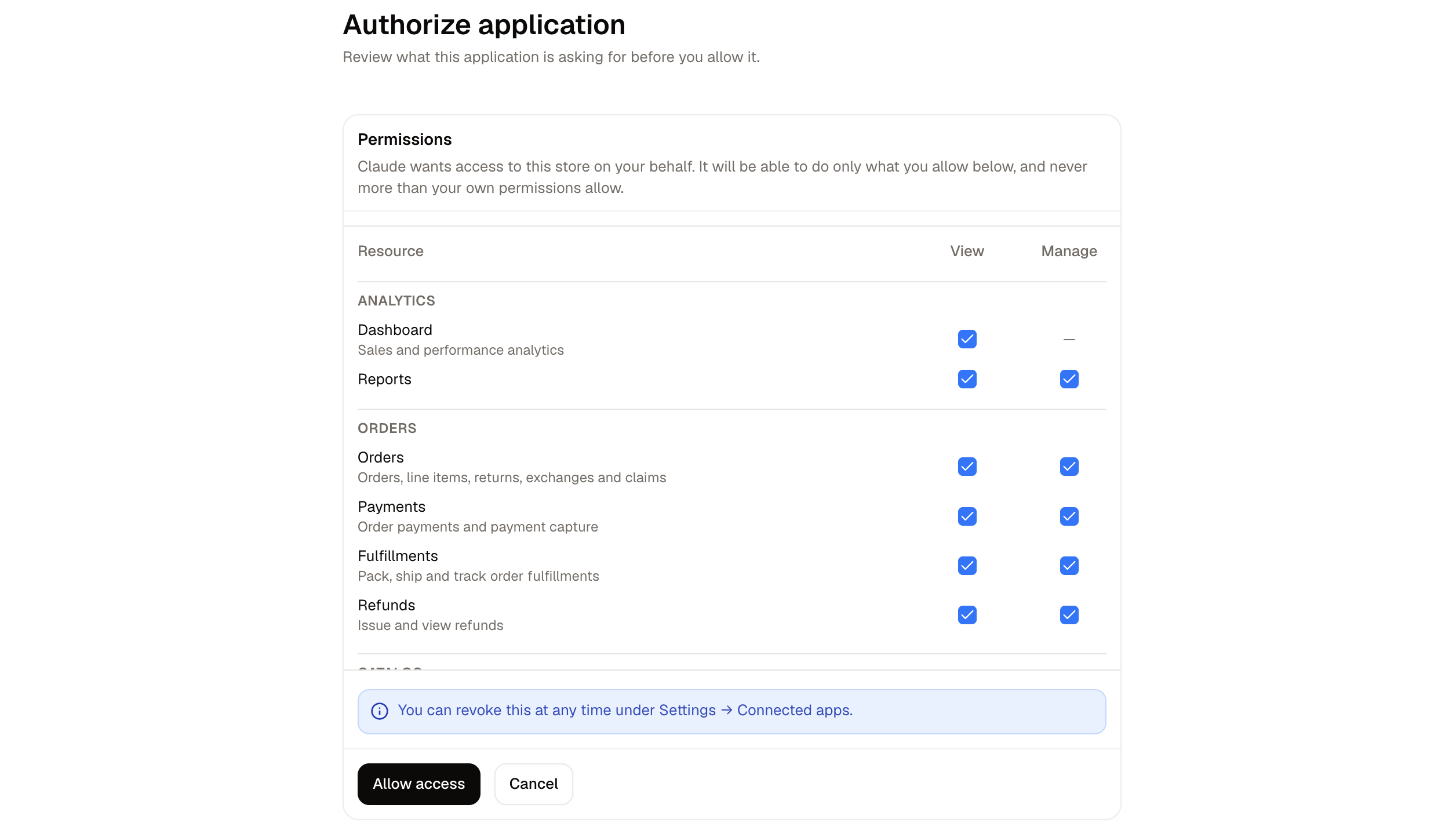 The approval screen in the Spree dashboard, listing what Claude is asking for