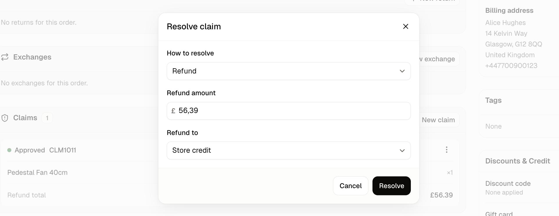 The Resolve claim box with Refund and replacement chosen, showing both the refund fields and the replacement switch