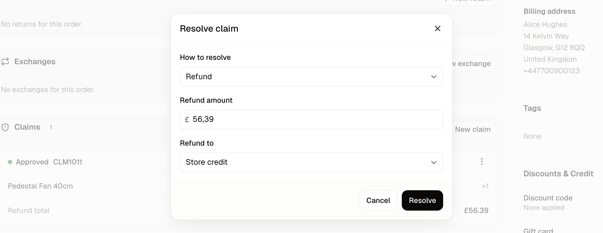 The Resolve claim box with Refund and replacement chosen, showing both the refund fields and the replacement switch