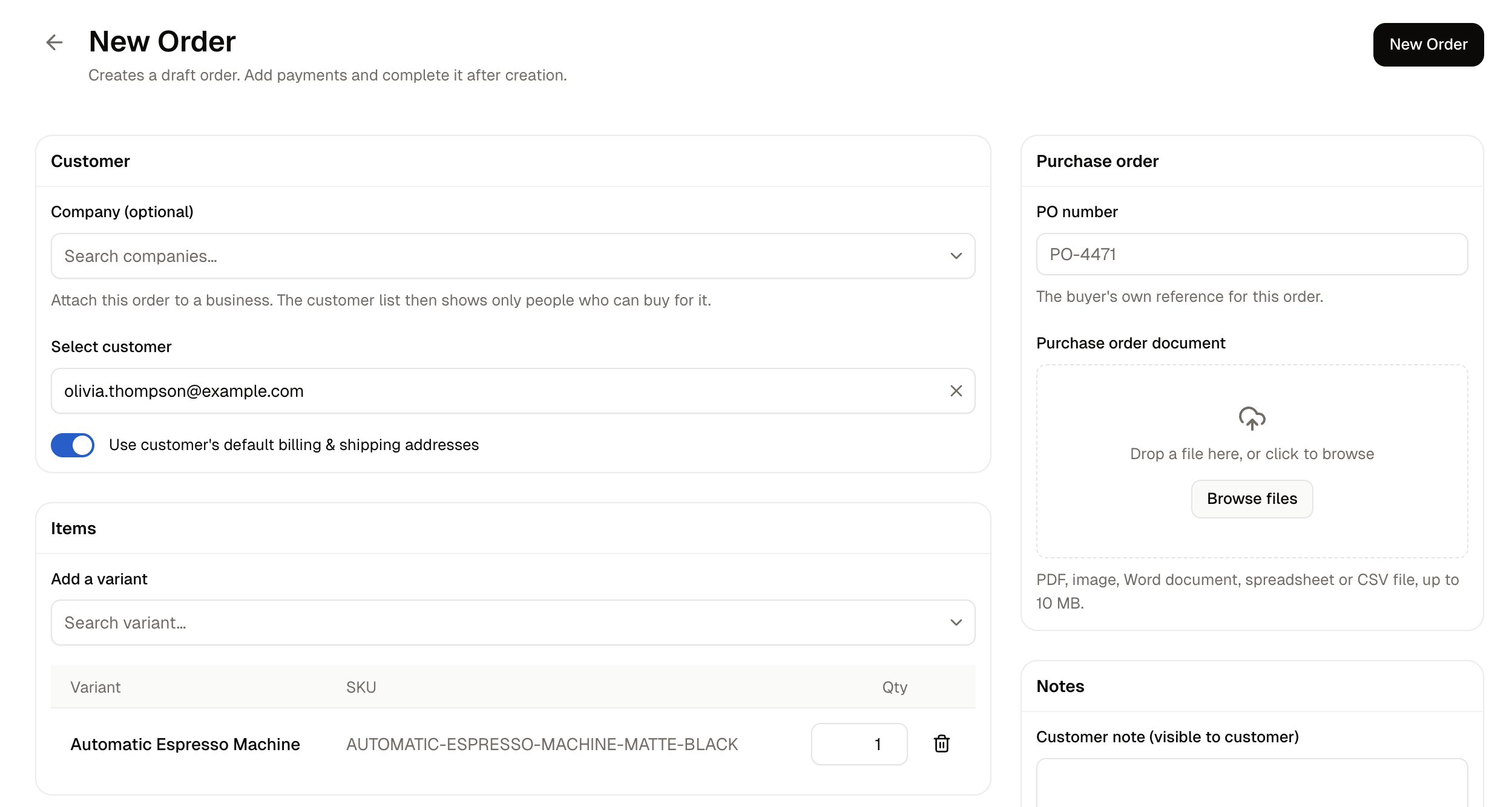 The New Order form with a customer and two products