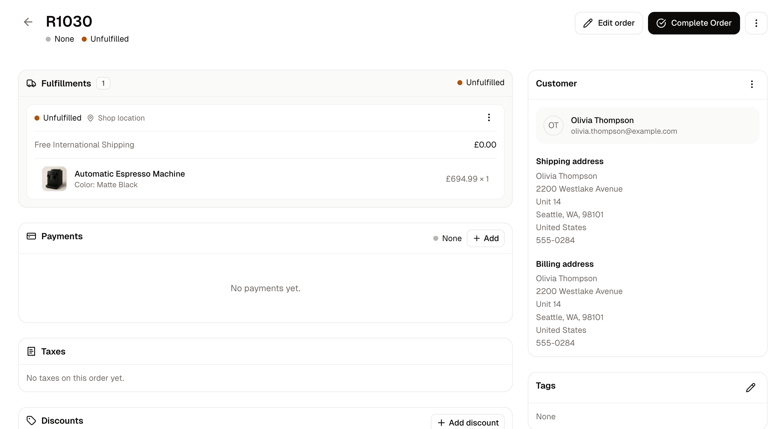 A draft order, with its items, payments and summary