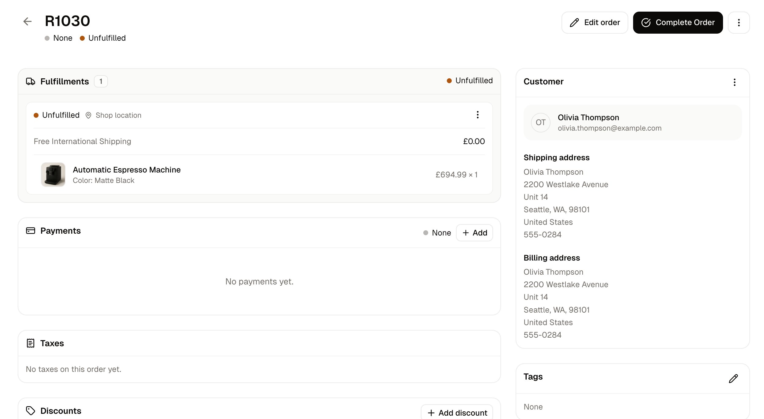 A draft order, with its items, payments and summary