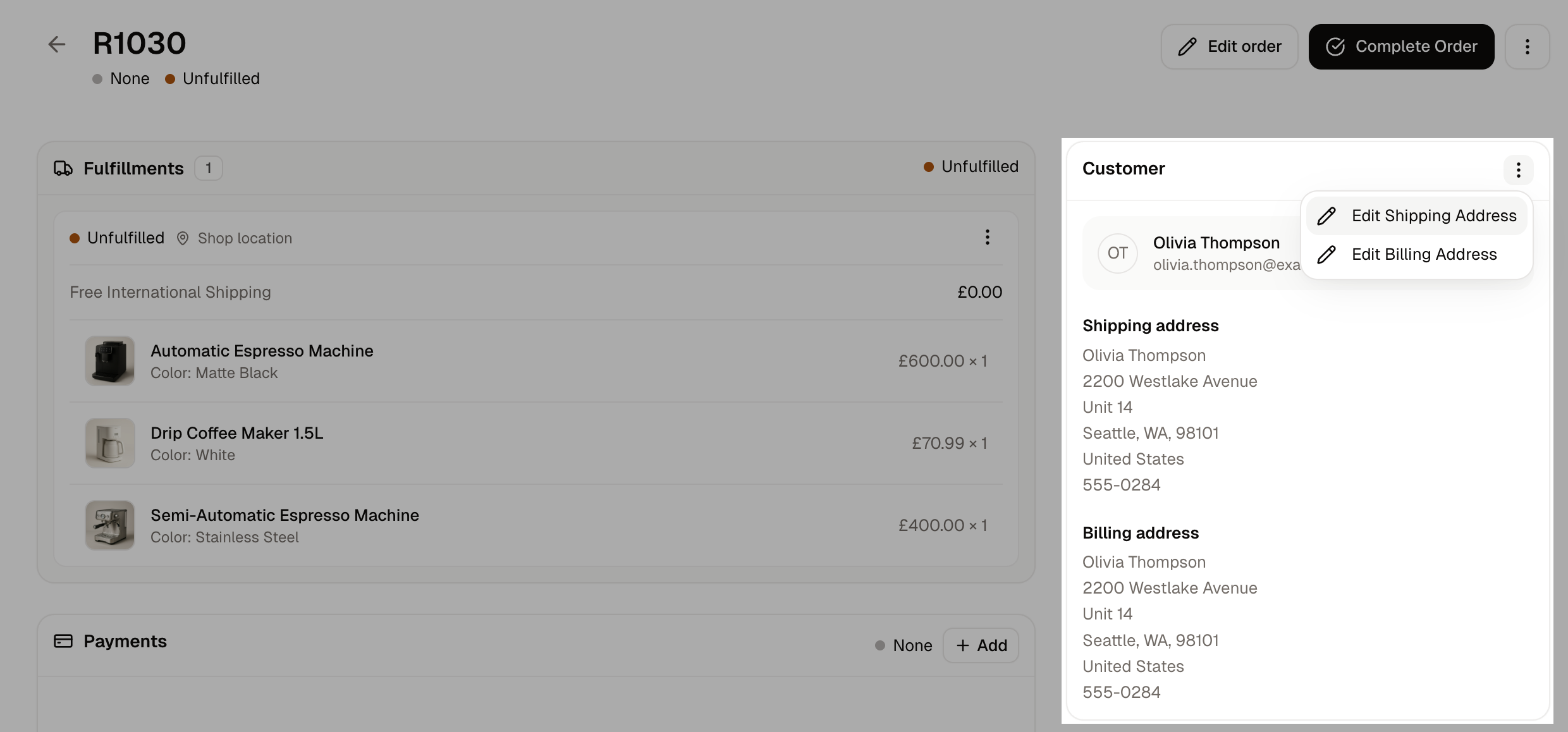 The Customer card with its menu open, offering Edit Shipping Address and Edit Billing Address