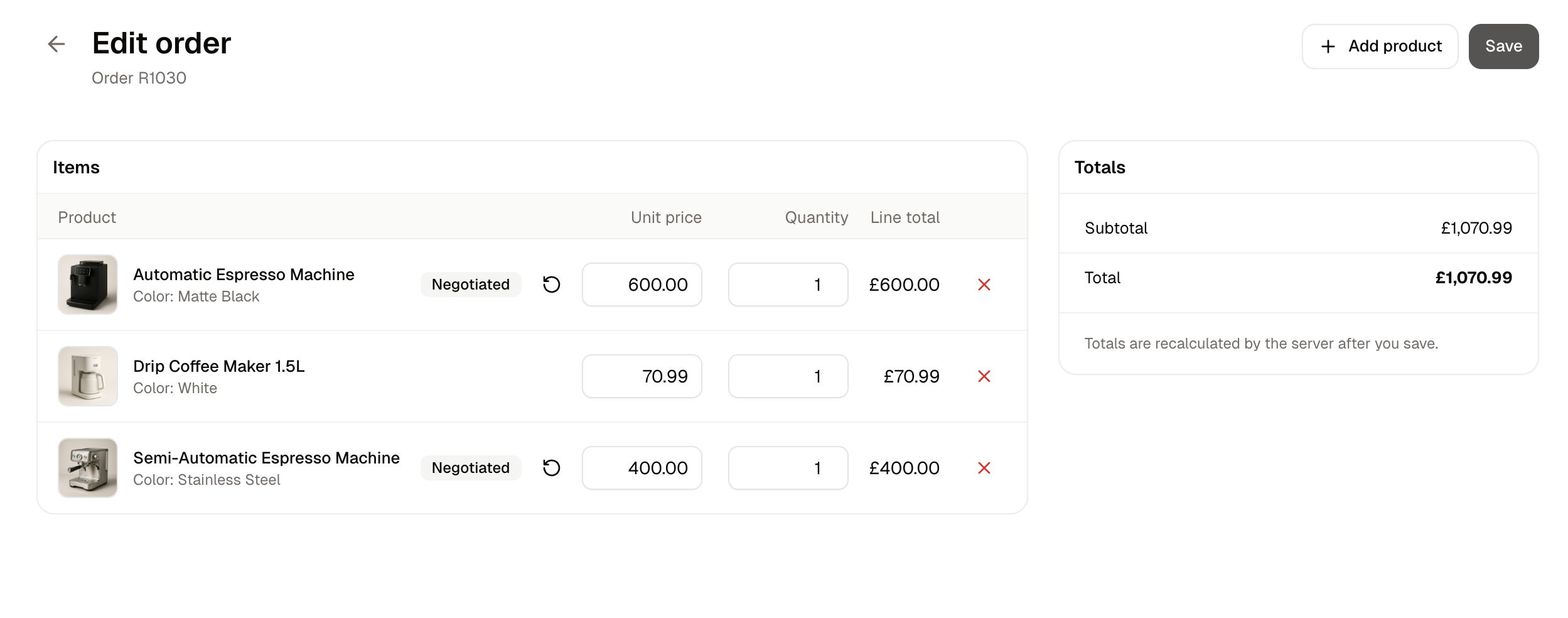 The draft order editor, with an editable unit price on each line