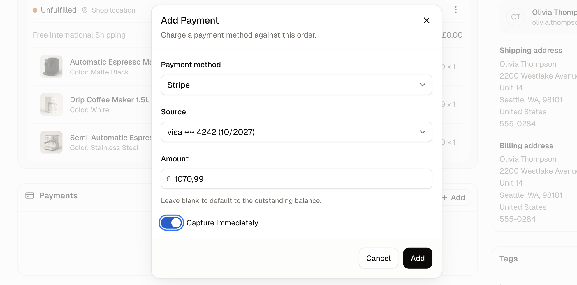 The Add payment form, with its method, source, amount and capture switch