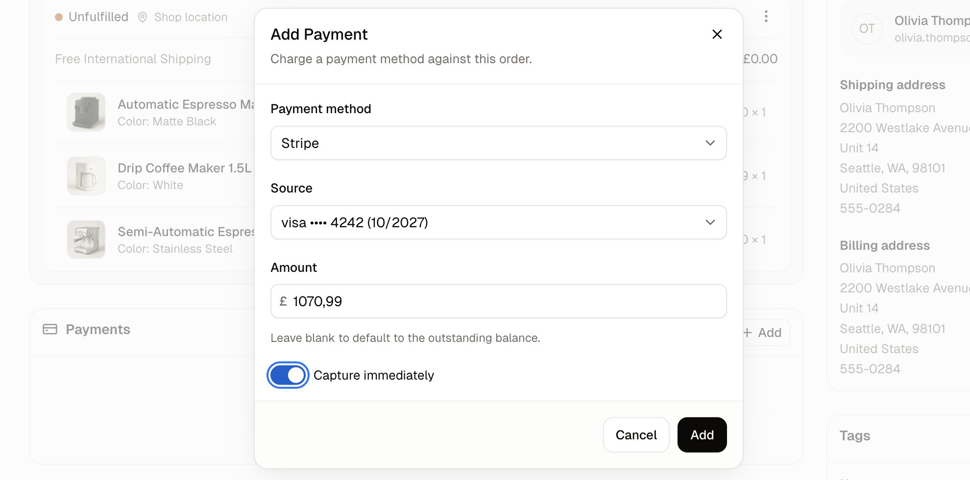The Add payment form, with its method, source, amount and capture switch