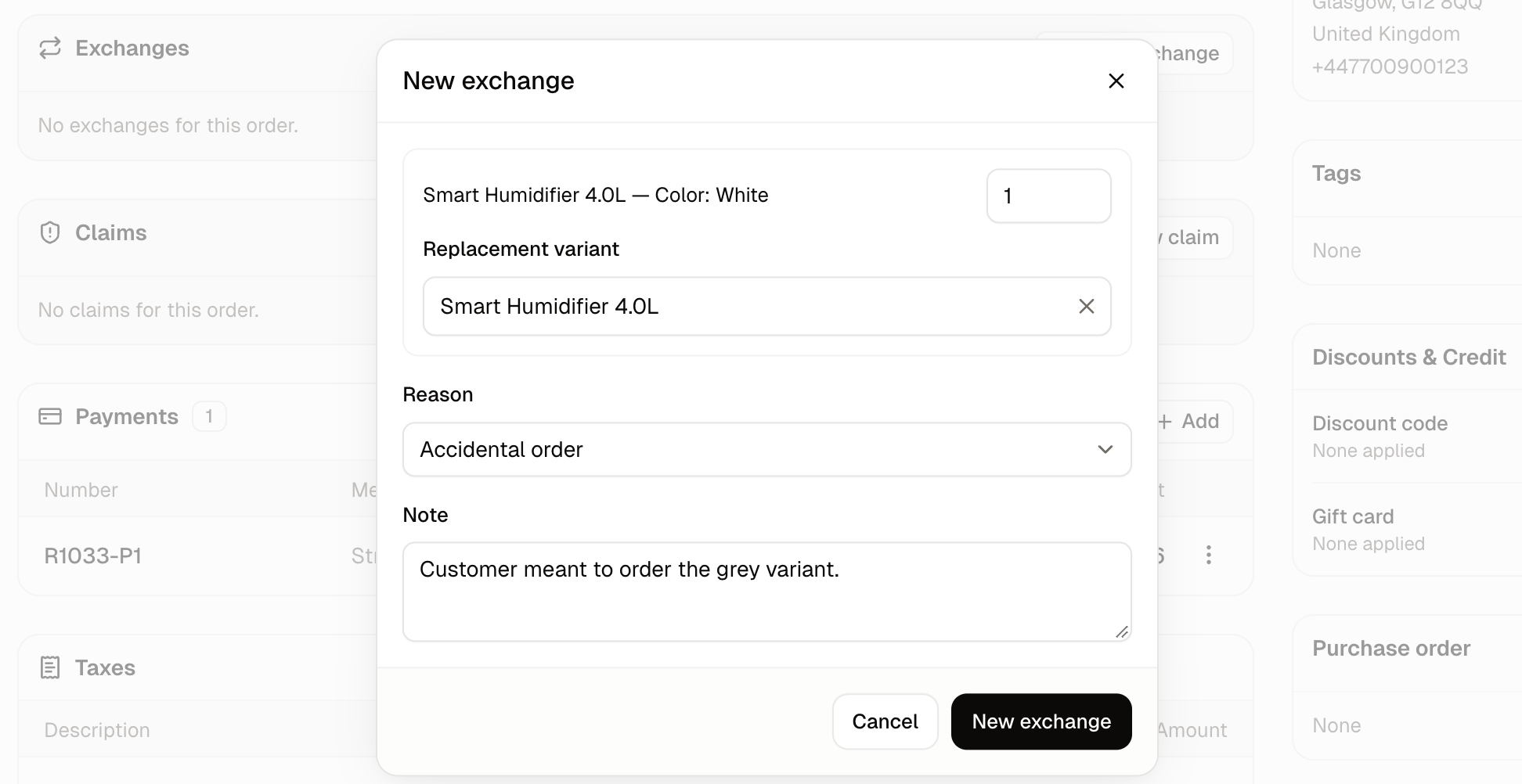 The New exchange dialog with one item chosen, its replacement picked and a reason selected