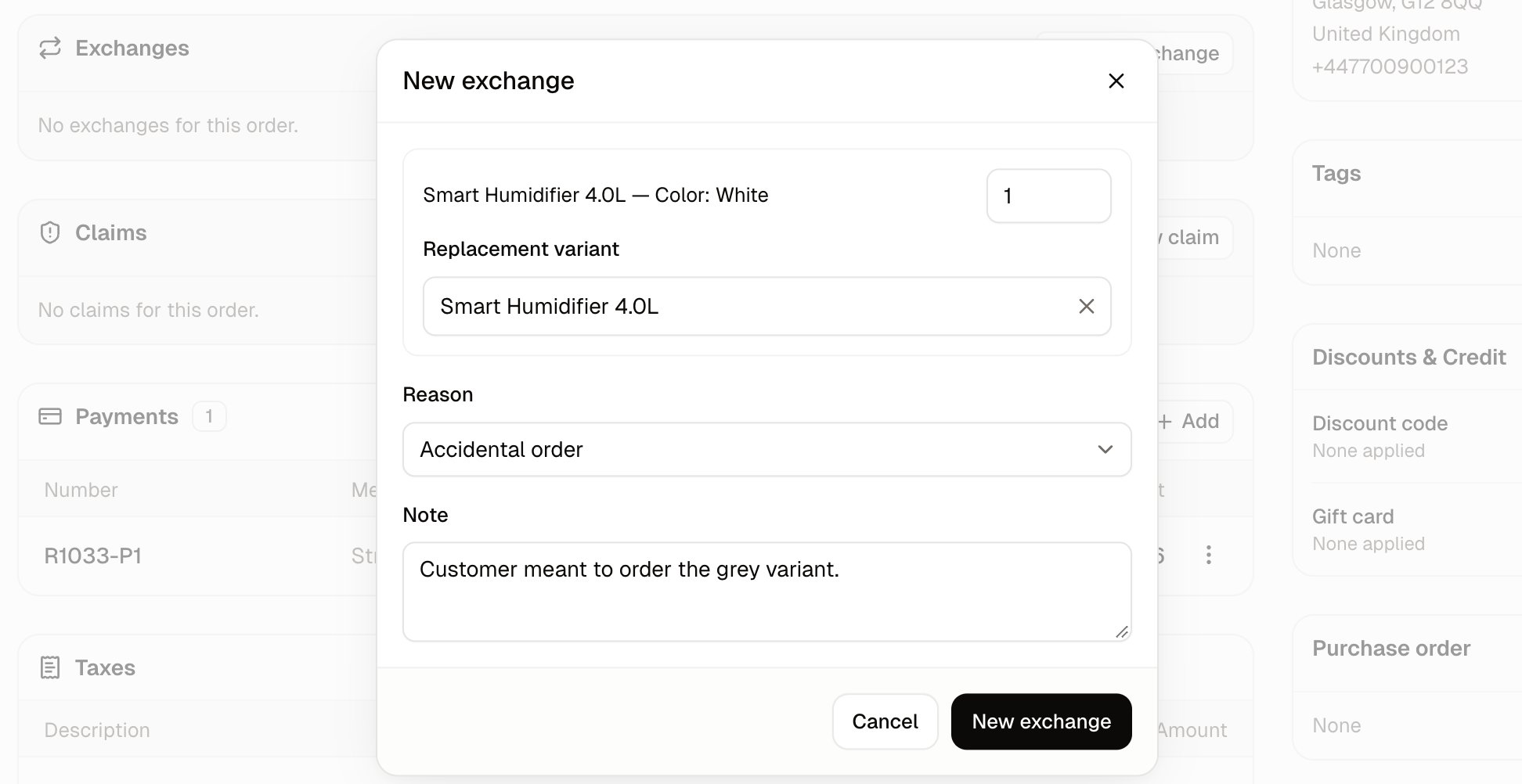 The New exchange dialog with one item chosen, its replacement picked and a reason selected