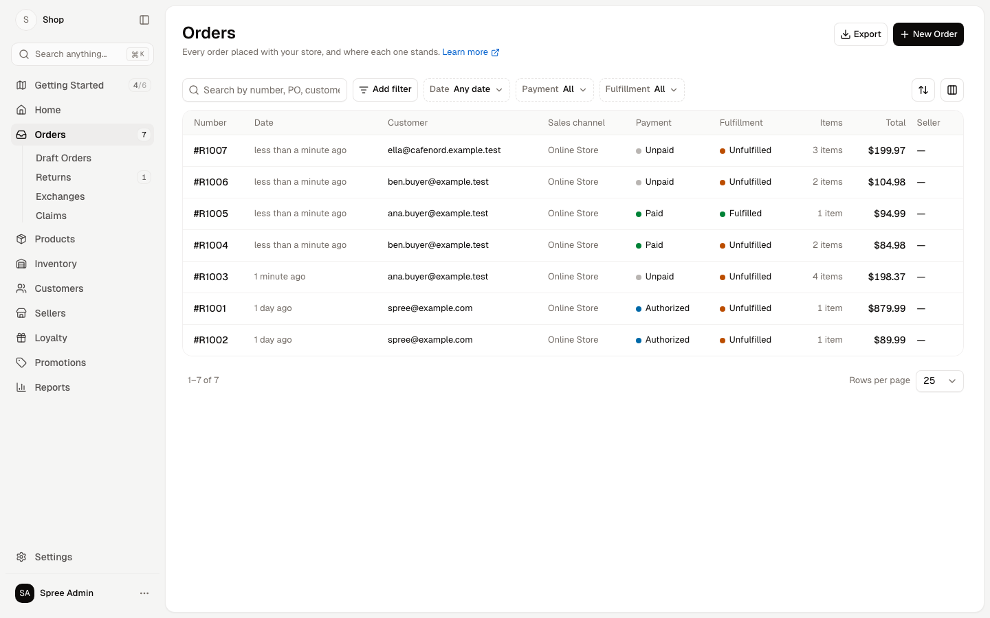 The Orders list with its search box, filters and status badges