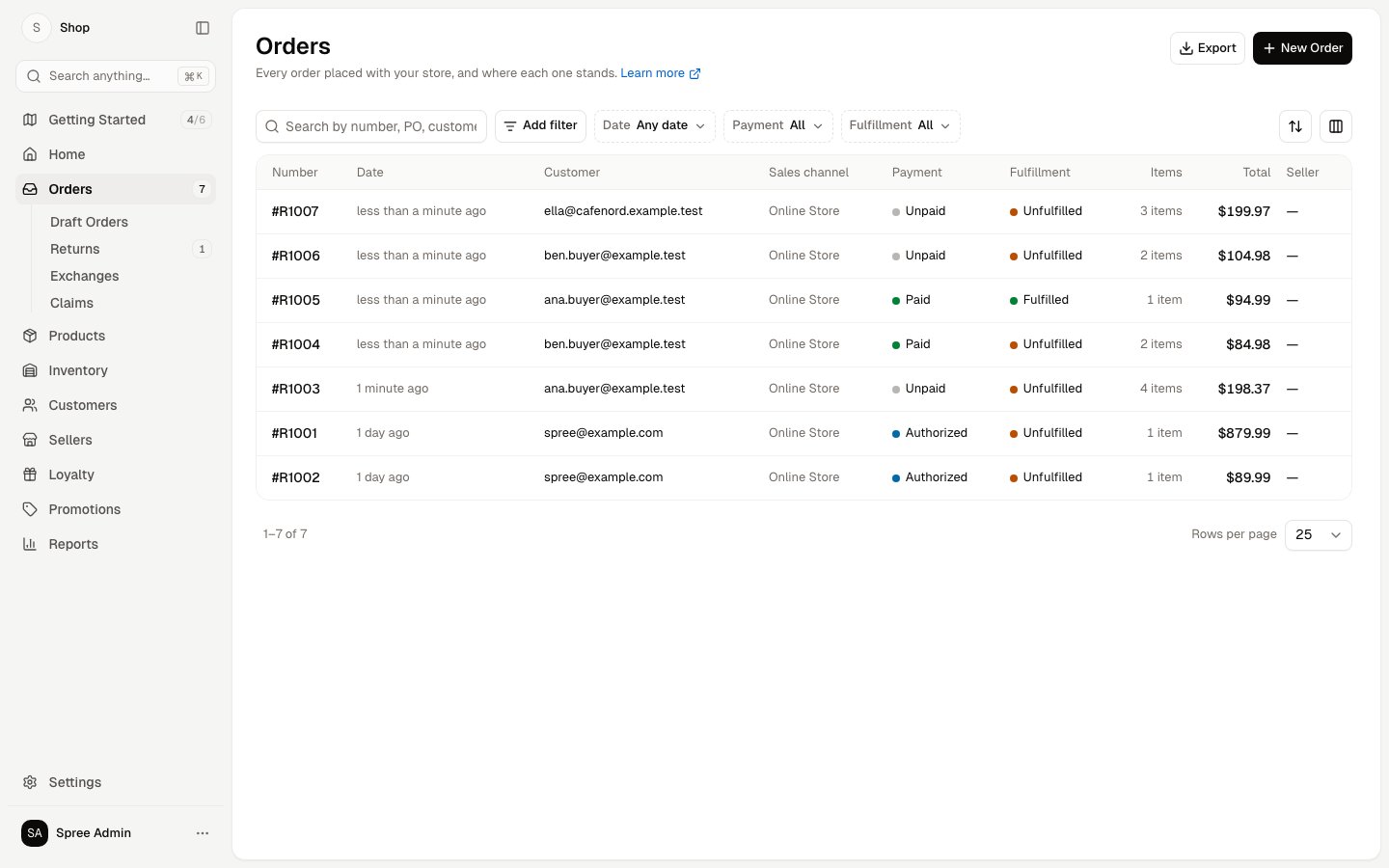 The Orders list with its search box, filters and status badges