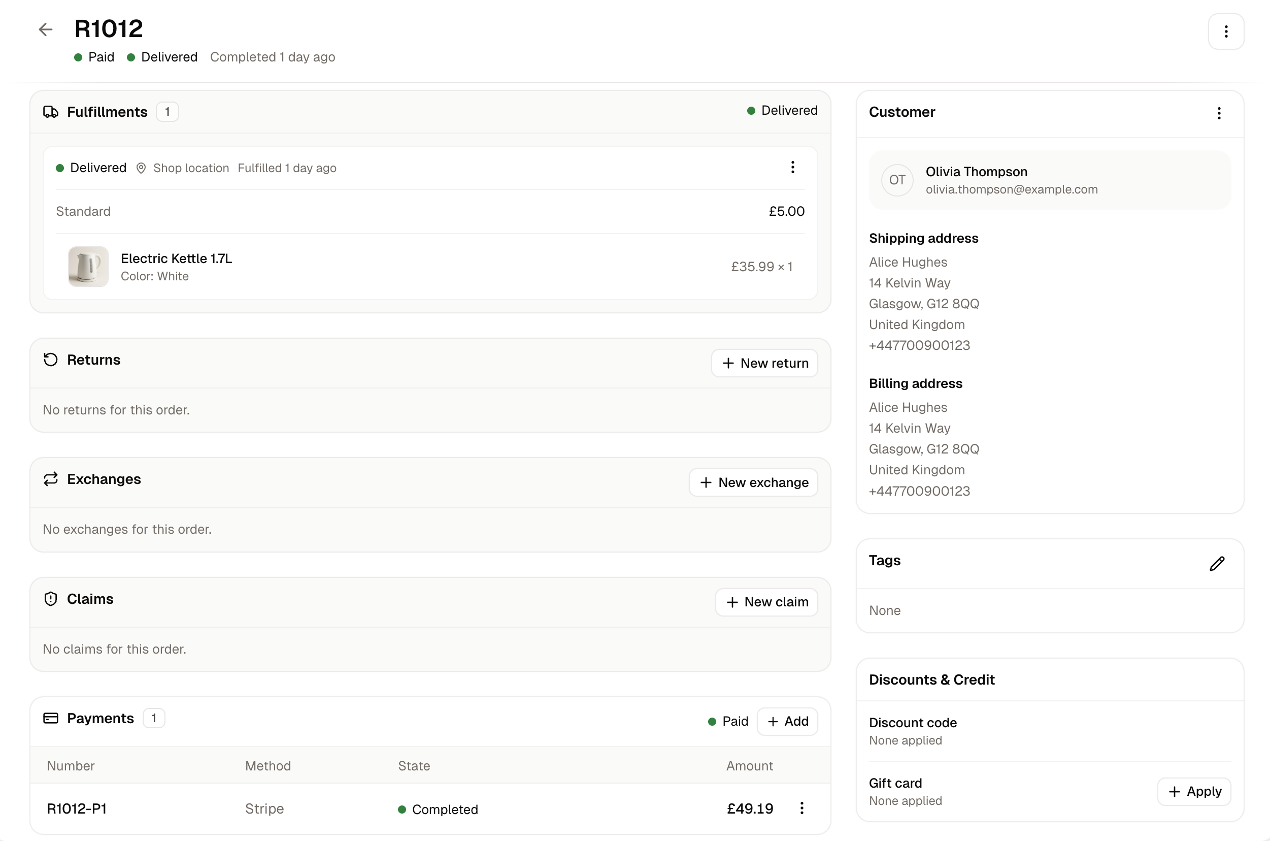 An order that has been paid and sent, showing its fulfillment, payments and summary