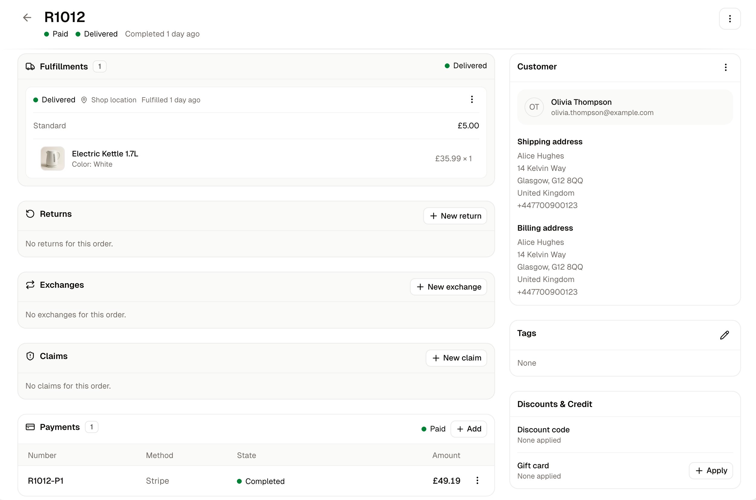 An order that has been paid and sent, showing its fulfillment, payments and summary