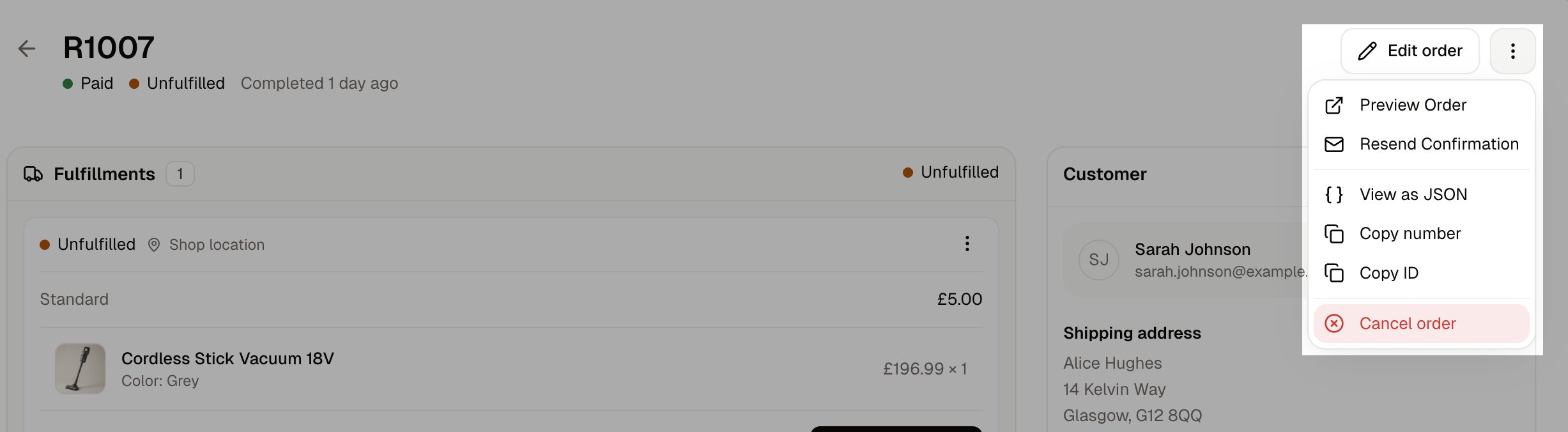 The More actions menu with Cancel order