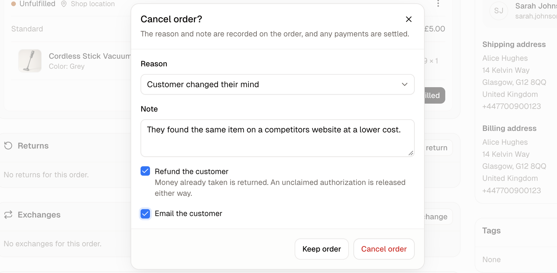The Cancel order form, with its reason, note and refund and email switches
