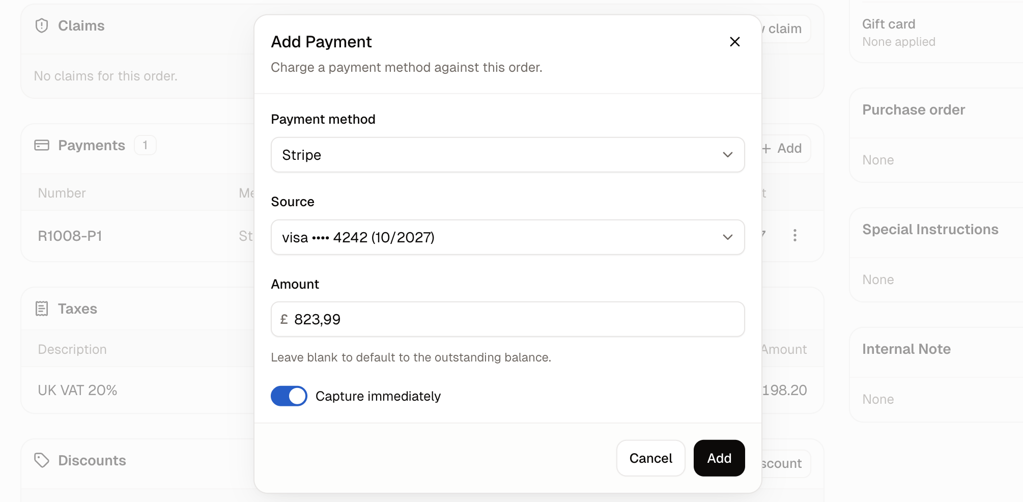 The Add payment dialog, with its method, amount and capture switch