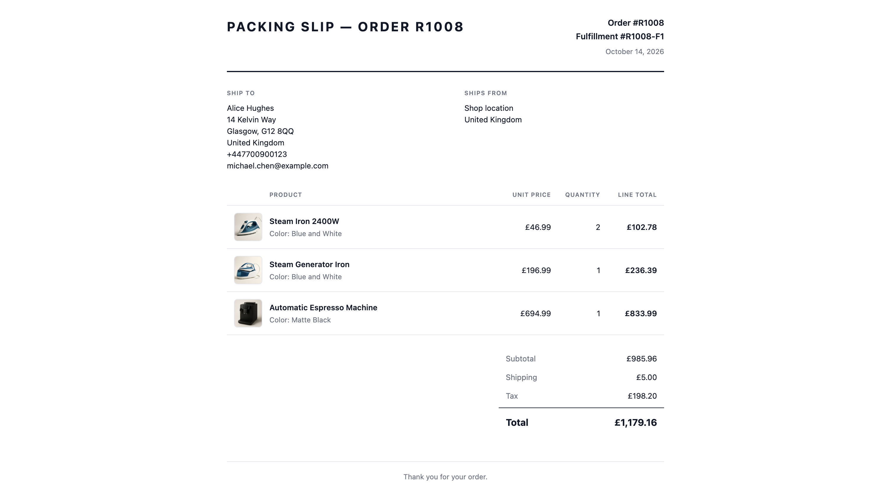 A packing slip, showing the ship-to address and the products to pack